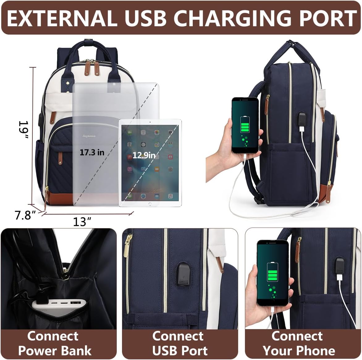 Laptop Backpack for Women Work Bookbag: 17.3 Inch College Backpacks with USB Charger School Book Bag Waterproof Travel Computer Back Pack Anti-Theft Casual Bookbags for Girls Teacher Nurse Navy Blue