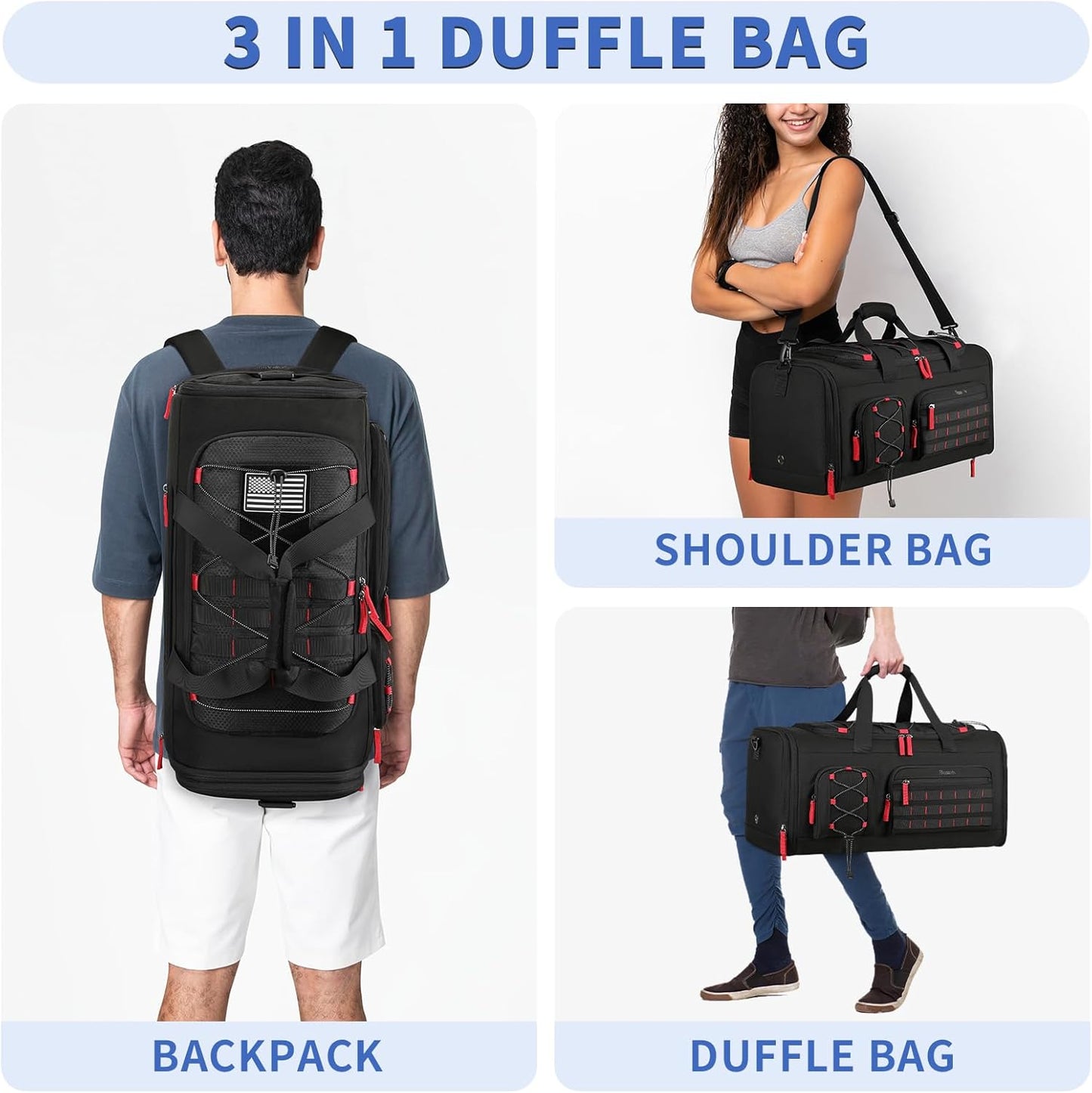 Bosstin Gym Bag for Men & Women, 45L Travel Duffle Sports Duffel Bag Gym Weekender Overnight Backpack with Shoe Compartment (Black)