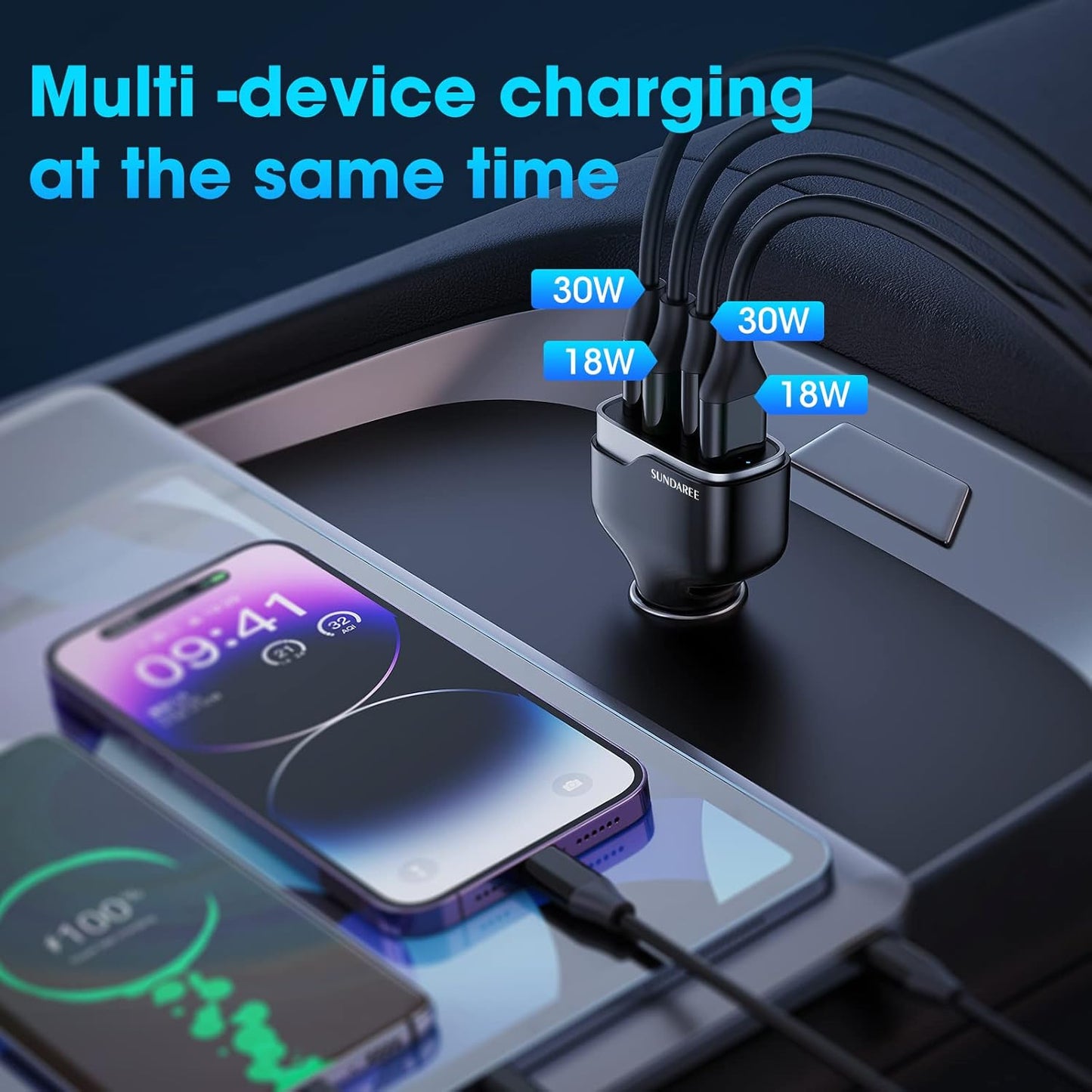 SUNDAREE 4 Ports USB C Fast Car Charger with Plug Outlet, Car Charger Adapter with 3.3FT Cable(USB-A to USB-C), Dual QC 18W & PD 30W Car Phone Charger for iPhone 17/16/15 Pro/Max/SamsungS25 & More
