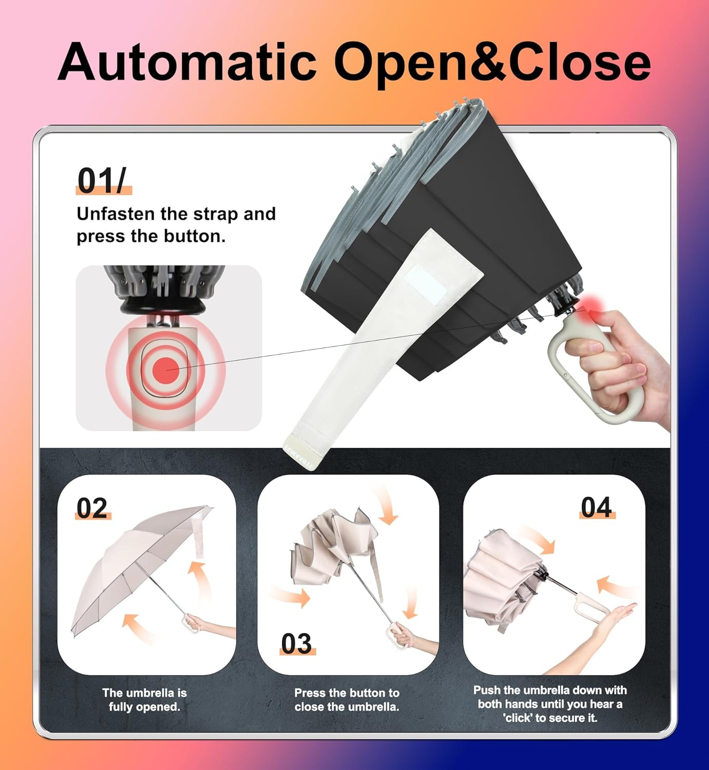 QWB TUMAAOTU Inverted Umbrella with Carabiner Handle, Wind Proof Umbrellas For Rain and Sun, 46 Inch Portable Reverse Folding UV Umbrella, Car Umbrella for Women Men, 10 Ribs