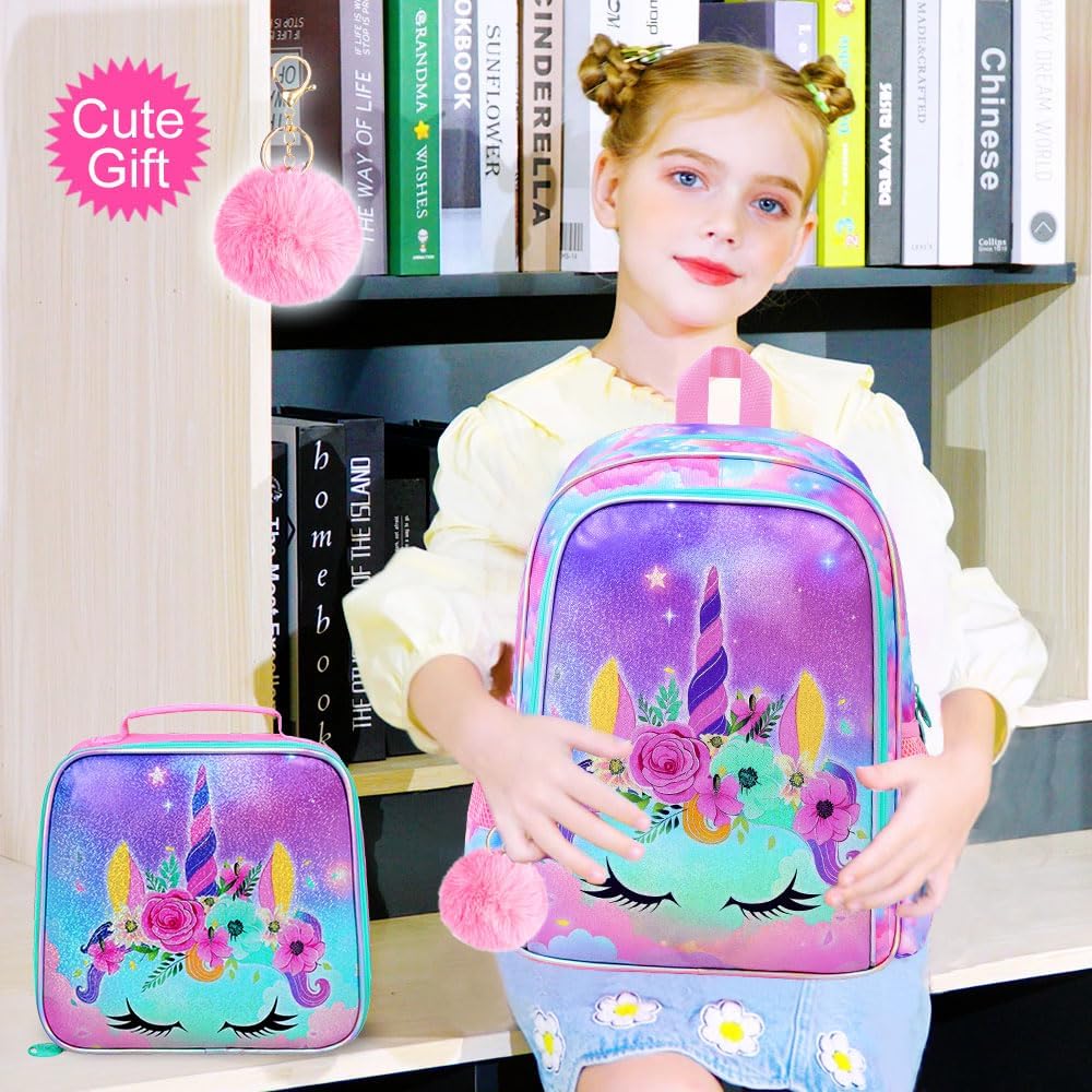 AGSDON 3PCS Backpacks for Girls, 16" Elementary Kids Unicorn Backpack Preschool School Bookbags and Lunch Box