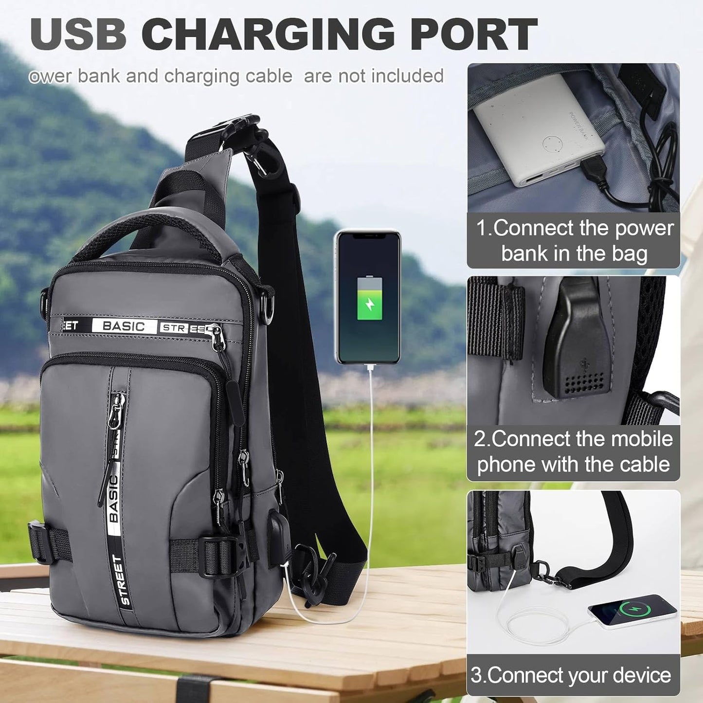 Sling Bag for Men Women, Mini Anti Theft One Strap Motorcycle Sling Backpack, Small Sling Chest Bag Daypack Crossbody Backpack for Casual Travel Hiking Gym Outdoor Sports Grey