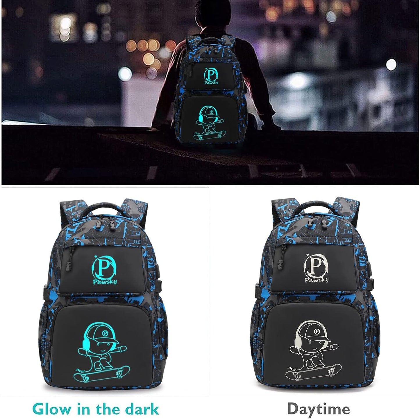 Skateboard Anime Luminous Backpack School Backpack with USB Charging Port for Teen Boys, College School Bookbag Lightweight Laptop Bag with Sling Bag Set, Blue