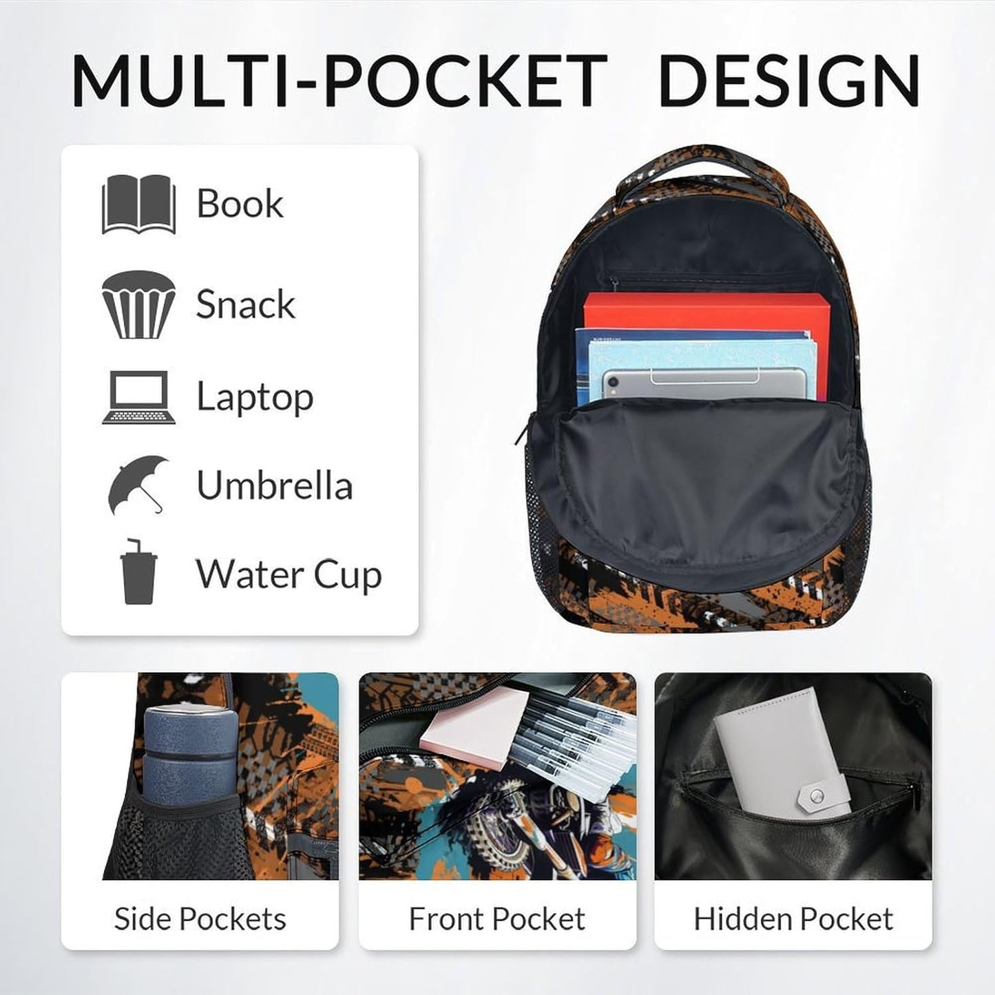 Kids Bookbag - Motorcycle Backpack for Boys - 17 Inch School Backpack for Primary Middle - Cool School Bag for Children