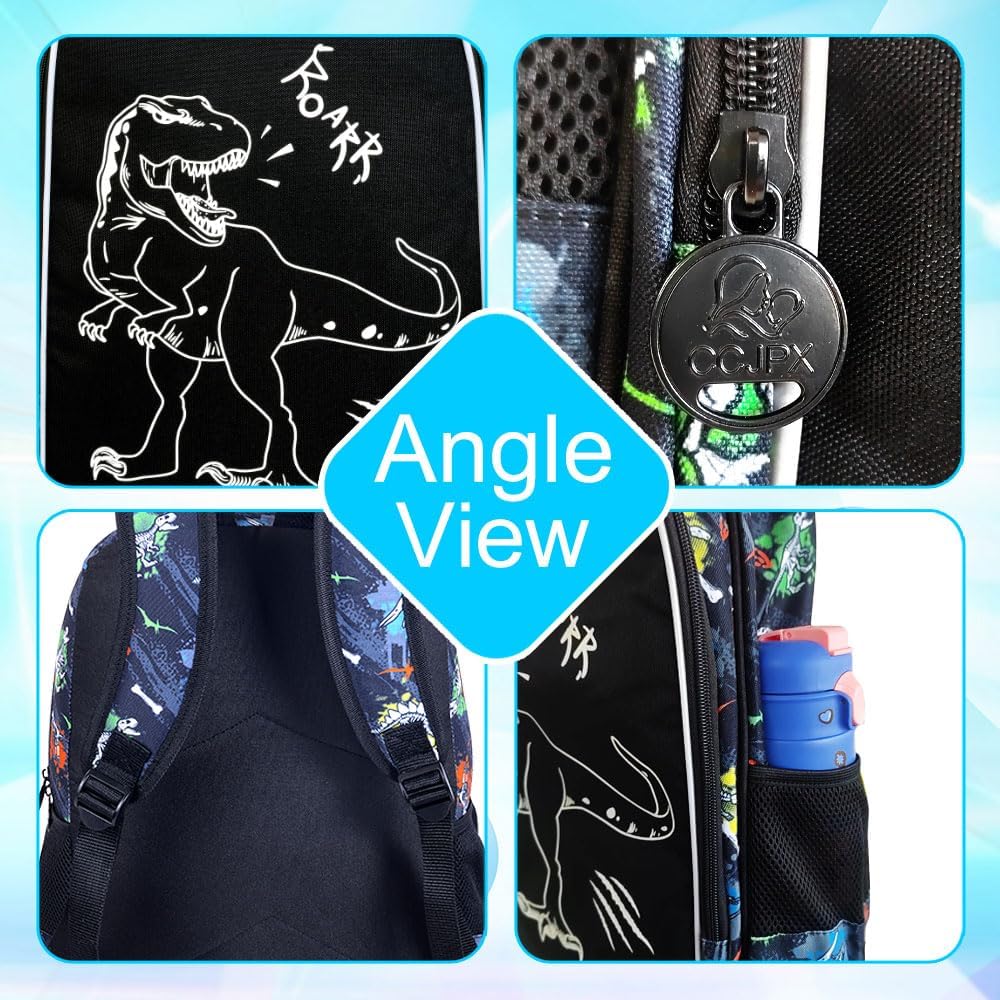 3Pcs Glow in The Dark Dinosaur Backpack for Boys, 17 Inches Dino School Bookbag Set for Teens, Laptop Backpacks with Lunch Bag(Black)