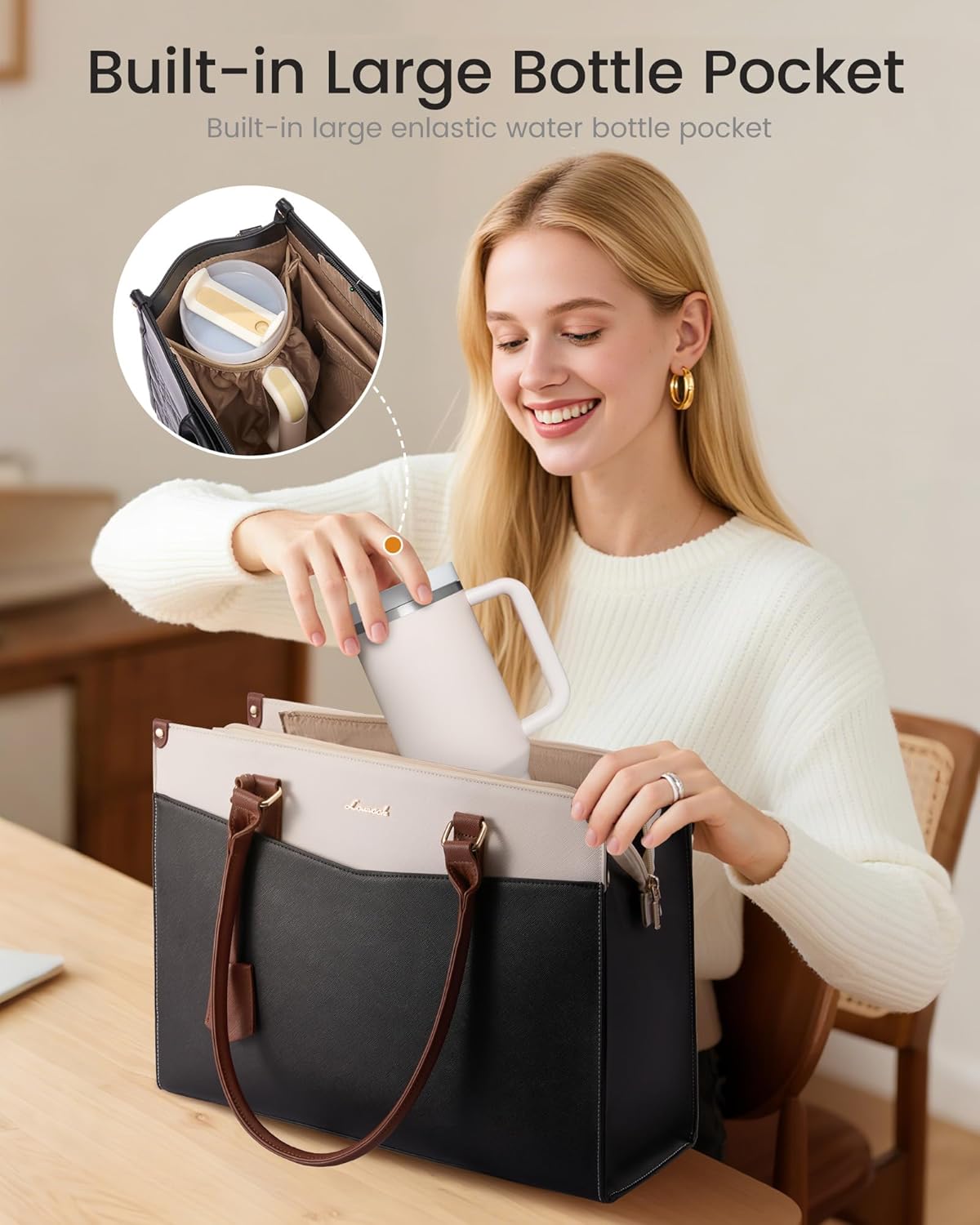 LOVEVOOK Laptop Bag for Women, 2-in-1 Tote Purse with Clutch & Cup Holder, Waterproof Briefcase for Work Travel