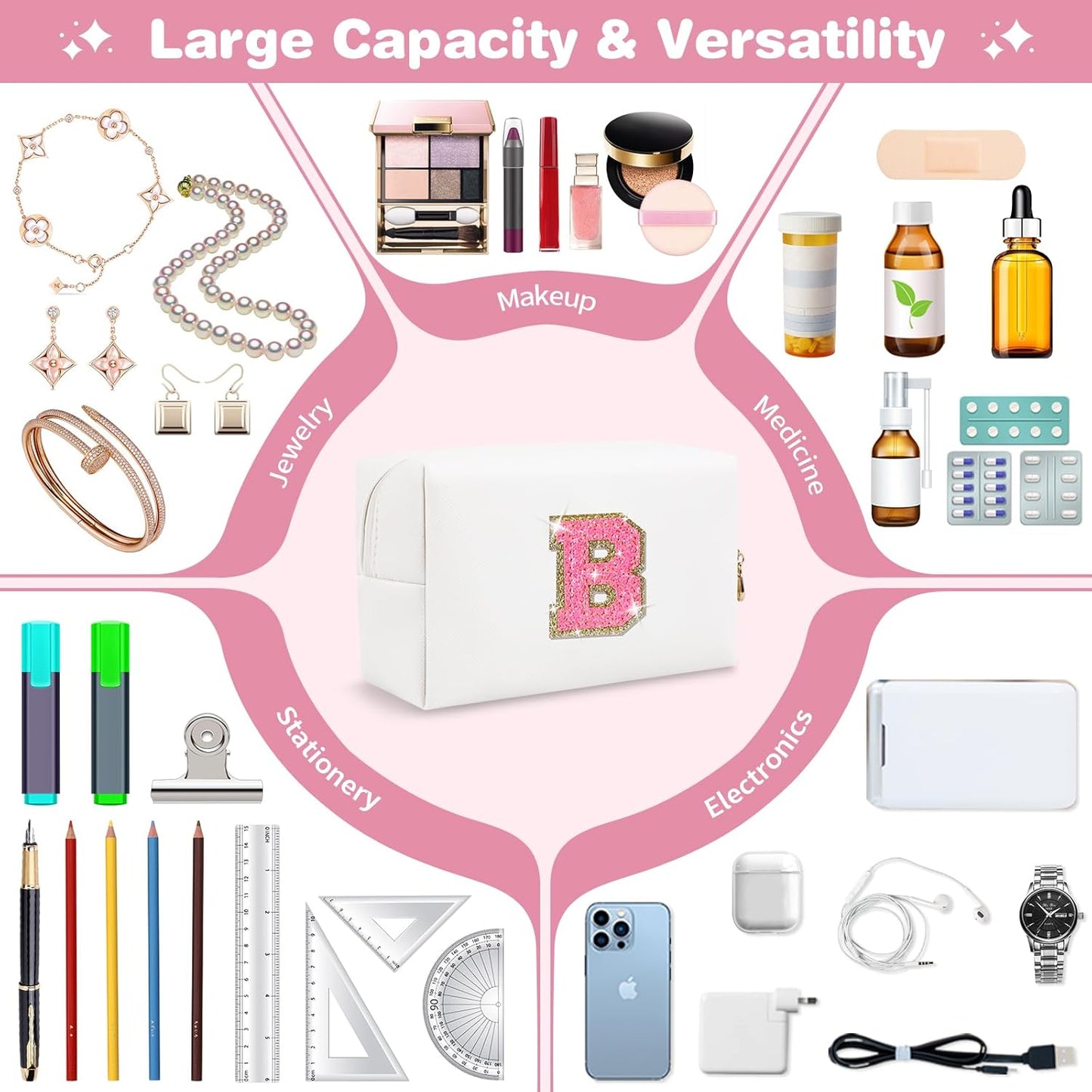 Small Personalized Initial A-Z Patch Makeup Bag,White Cute PU Leather Glitter Letter Cosmetic Bag for Teen Girls,Travel Toiletry Bag with Zipper,Preppy Monogrammed Birthday Gift for Daughter Niece B