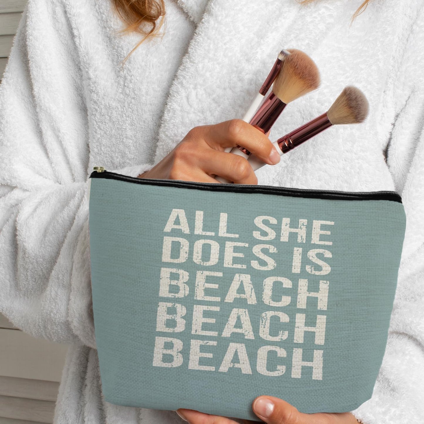 Blue Beach Makeup Bag, Sea Lover Gift, Summer Coastal Cosmetic Makeup Bag, All She Does is Beach Ocean Pouch Purse， Gifts for a Beach Lover