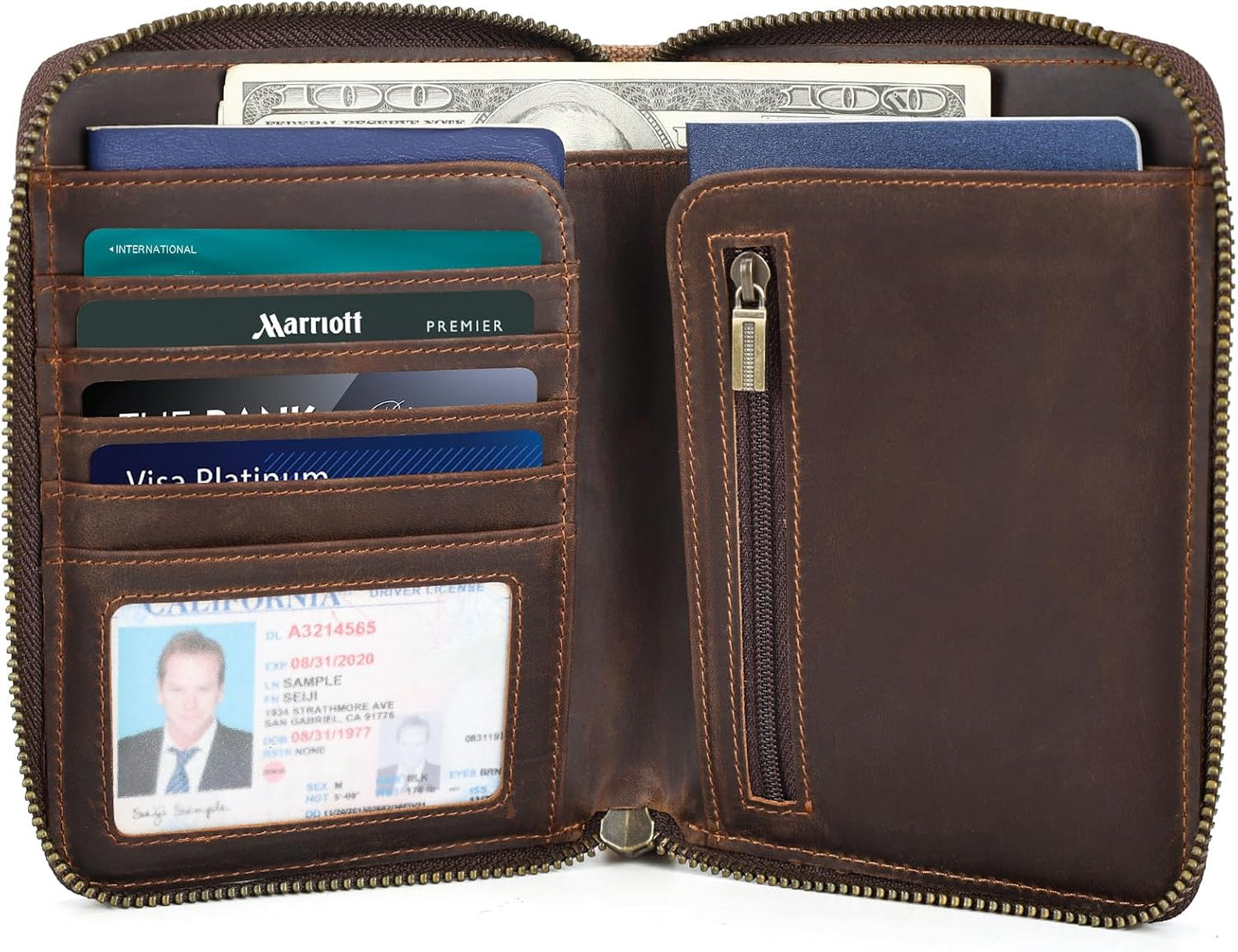 Retro Passport Cover Genuine Leather Unisex Travel Zipper Wallet RFID Blocking (Brown)