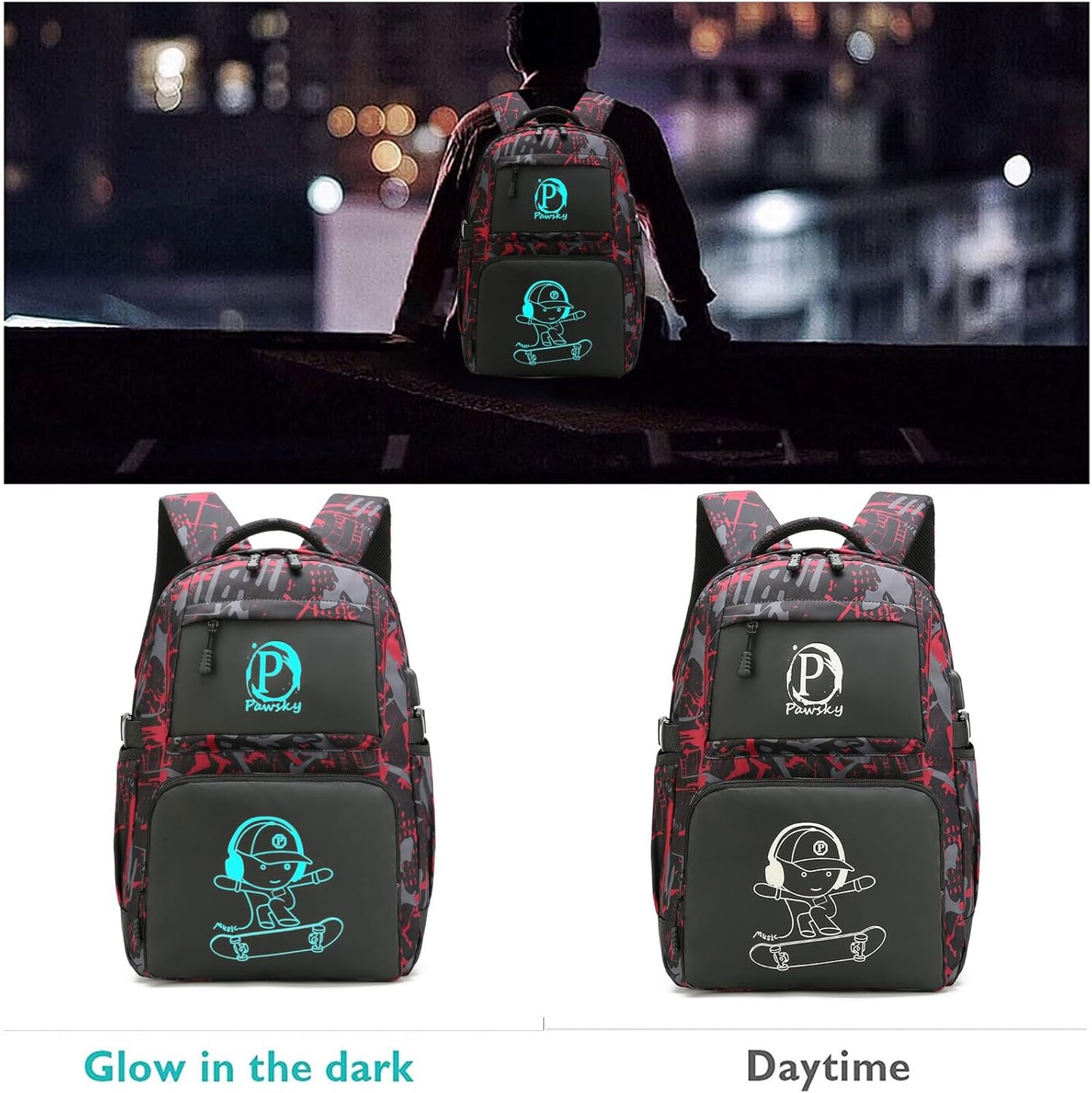 Skateboard Anime Luminous Backpack School Backpack with USB Charging Port for Teen Boys, College School Bookbag Lightweight Laptop Bag with Sling Bag Set, Red