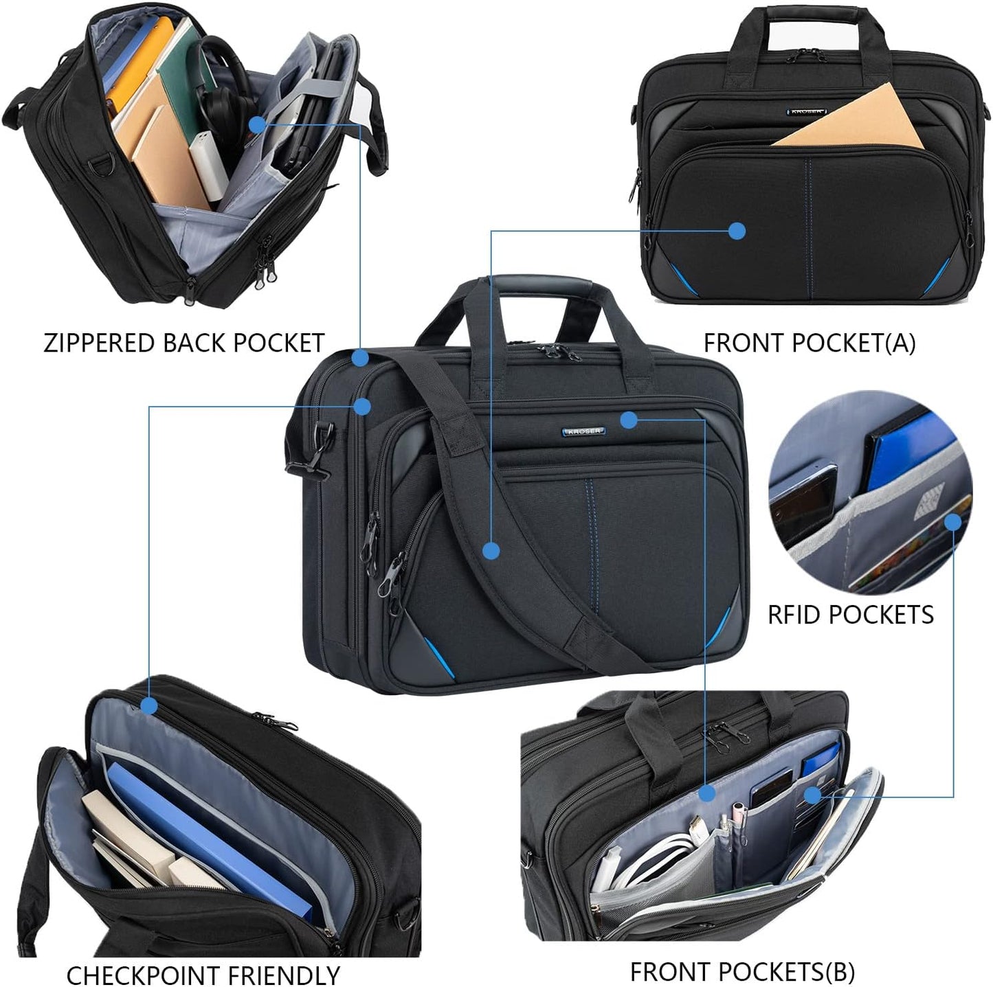 KROSER Laptop Bag 17.3 Inch Premium Laptop Briefcase, Expandable Laptop Shoulder Messenger Bag Durable Computer Case