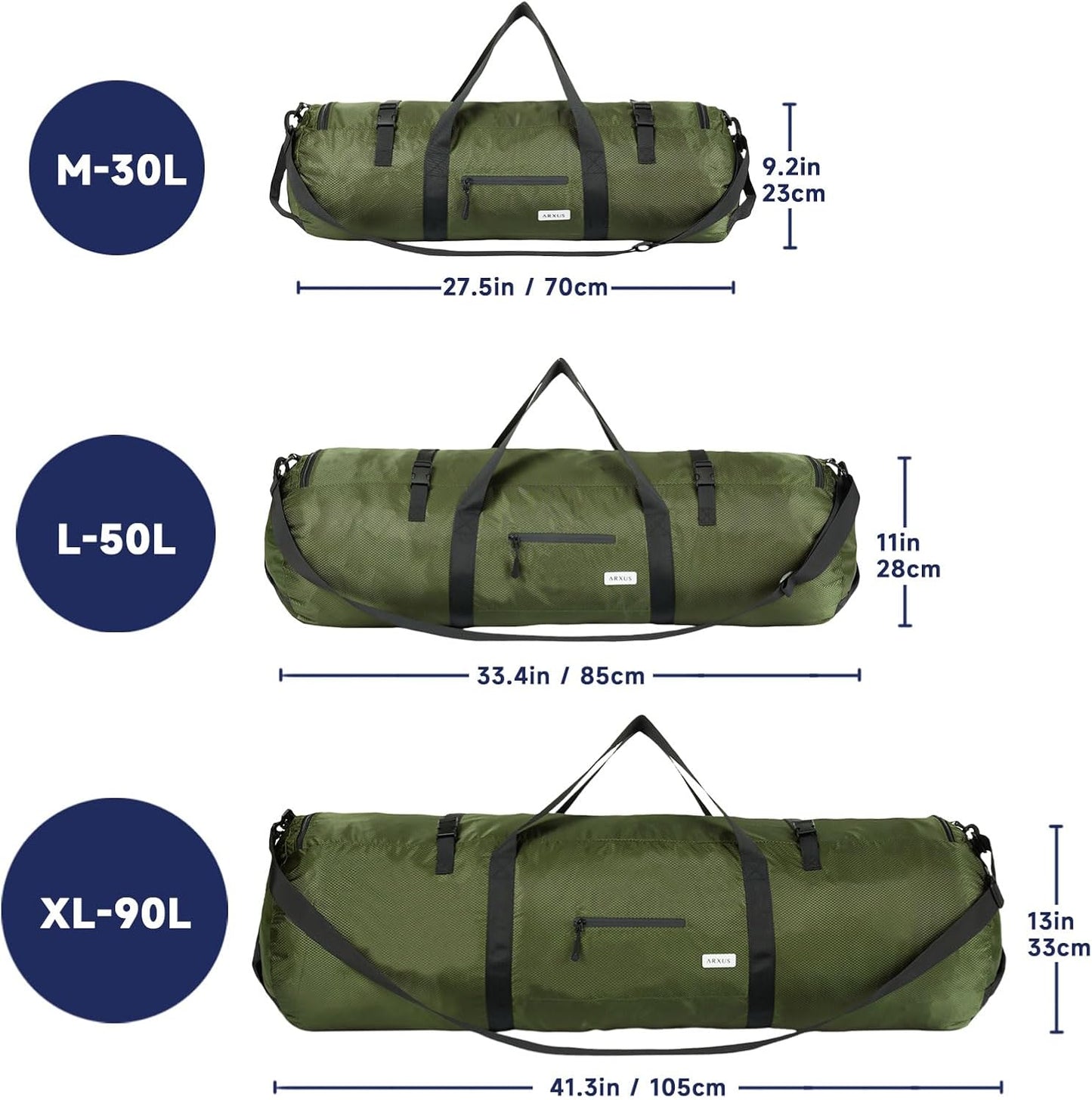 Arxus Extra Large Duffle Bag for Travel Gym 90L 50L 30L Baseball Bat Sports Duffel Bags for Men with Shoulder Strap, Tent Storage Camping