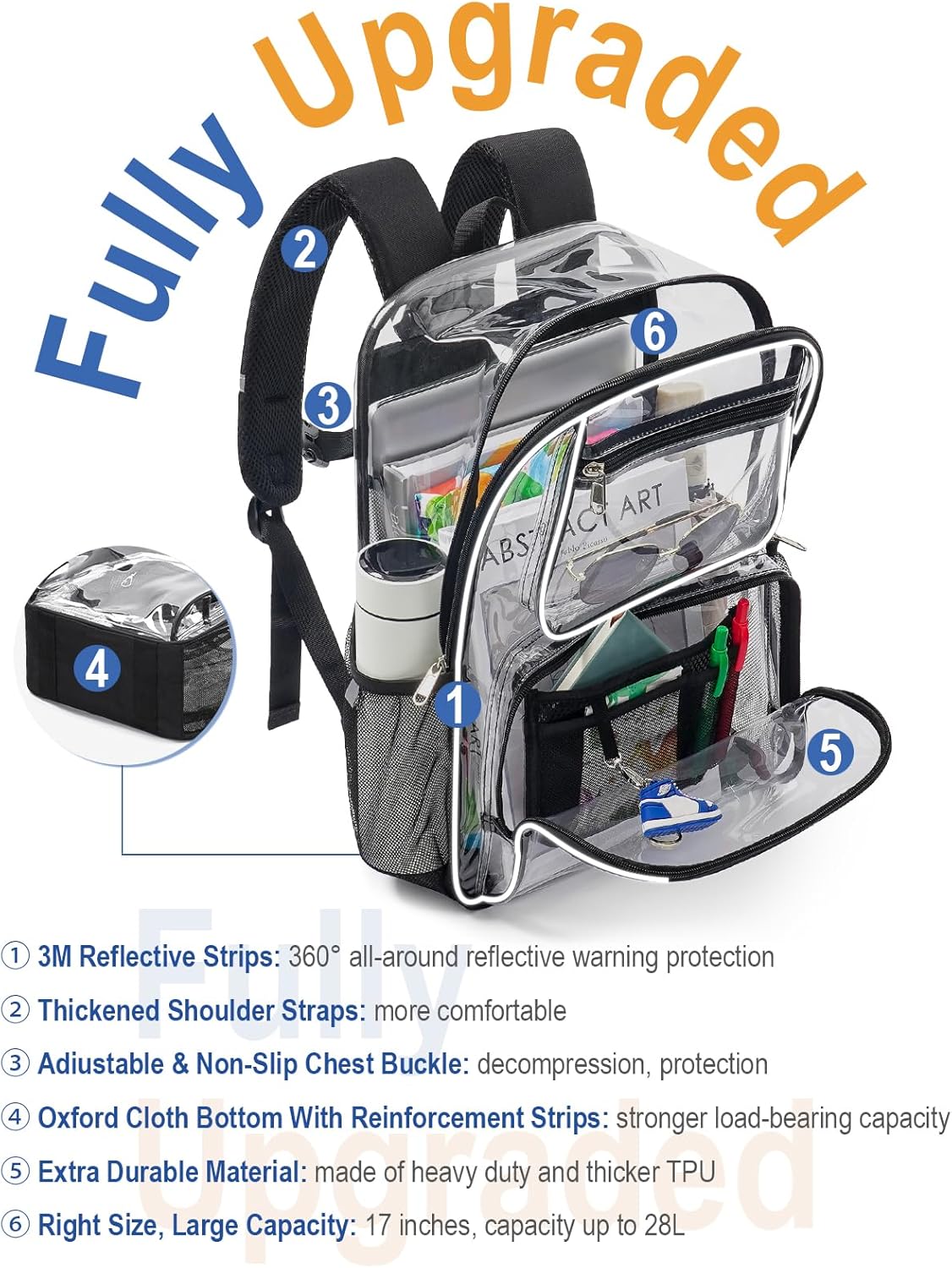 Heavy Duty Clear Backpack For Kids Women Men Boys Girls, 17 Inch Large See Through Backpack, 360° 3M Reflective Strips Clear Bookbag, Transparent Bag For School College Sport Work Travel, Black