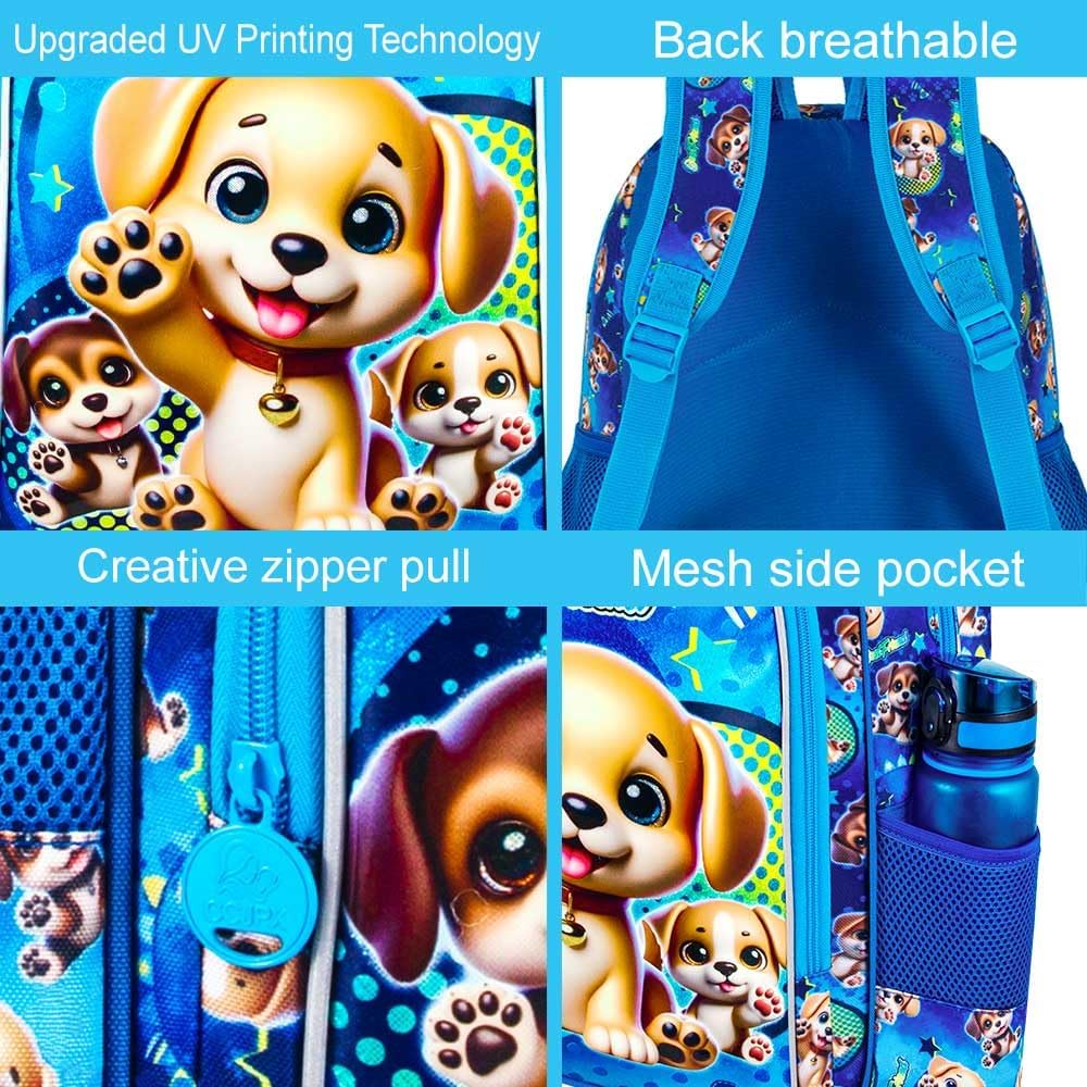 gxtvo 3PCS Kids Dog Backpack, 16" Boys Bookbag with Lunch Box, Water Resistant Elementary Preschool Toddler School Bag