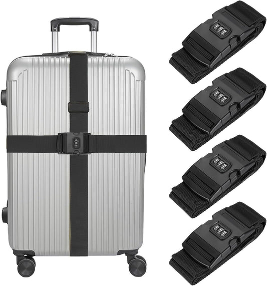 MECCANIXITY Luggage Straps with Combination Lock Adjustable Suitcase Belt Strap for Suitcase Briefcase Backpack Travel, Black, Pack of 4