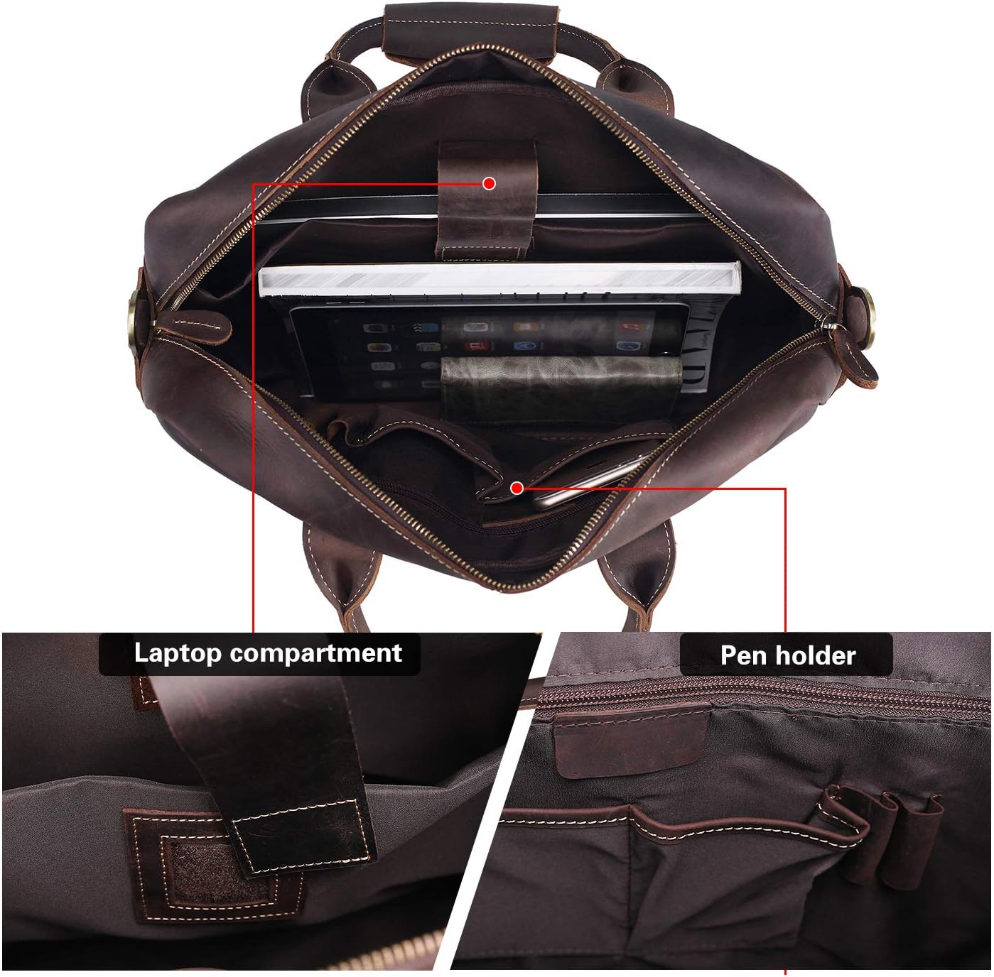 Polare Leather Briefcase for Men Business Travel Messenger Bags 15.6 Inch Laptop Bag YKK Metal Zipper