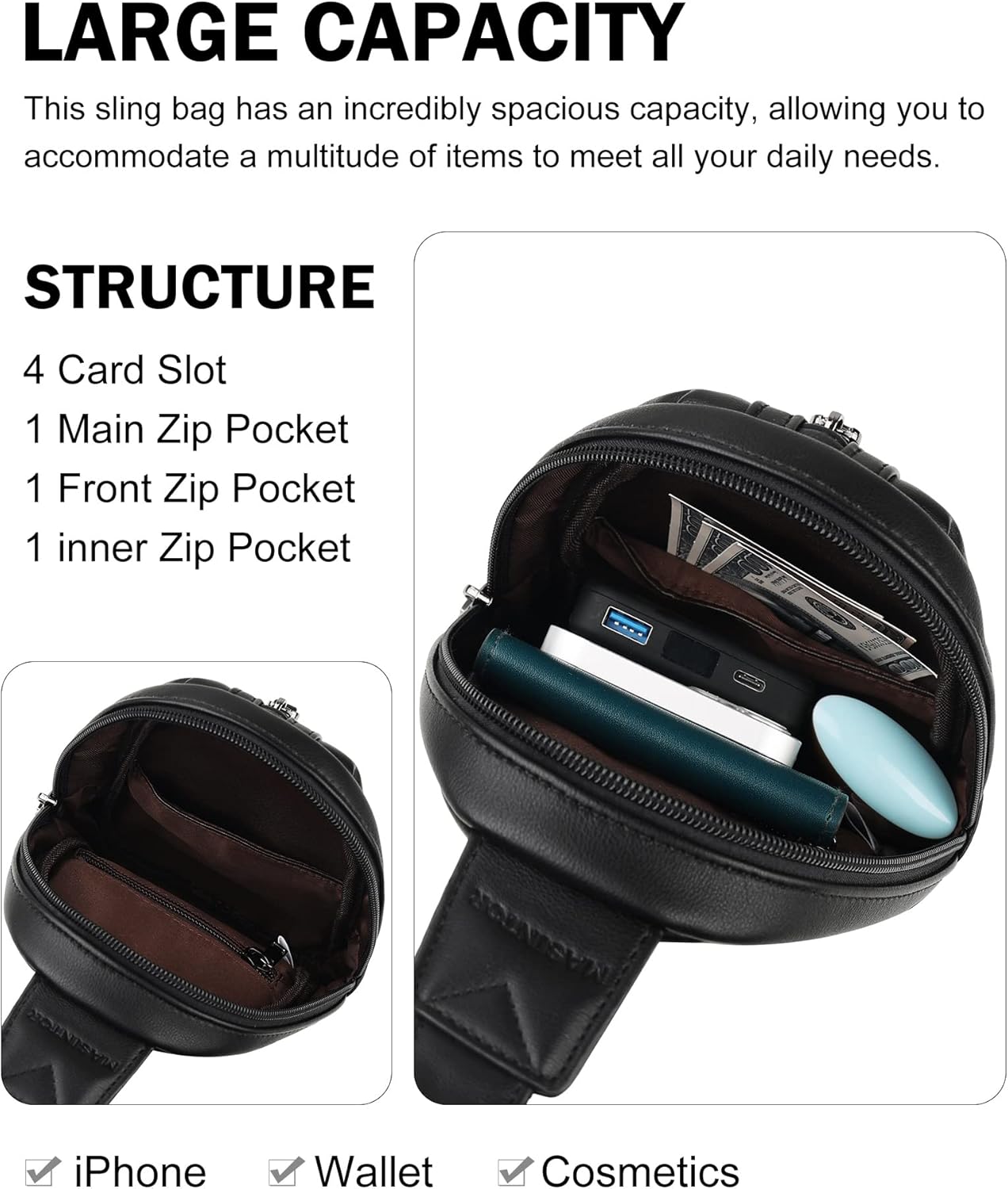MASINTOR Small Sling Bag for Women and Men - Vegan Leather Crossbody Fanny Pack with Multiple Compartments for Everyday Use Pure Black