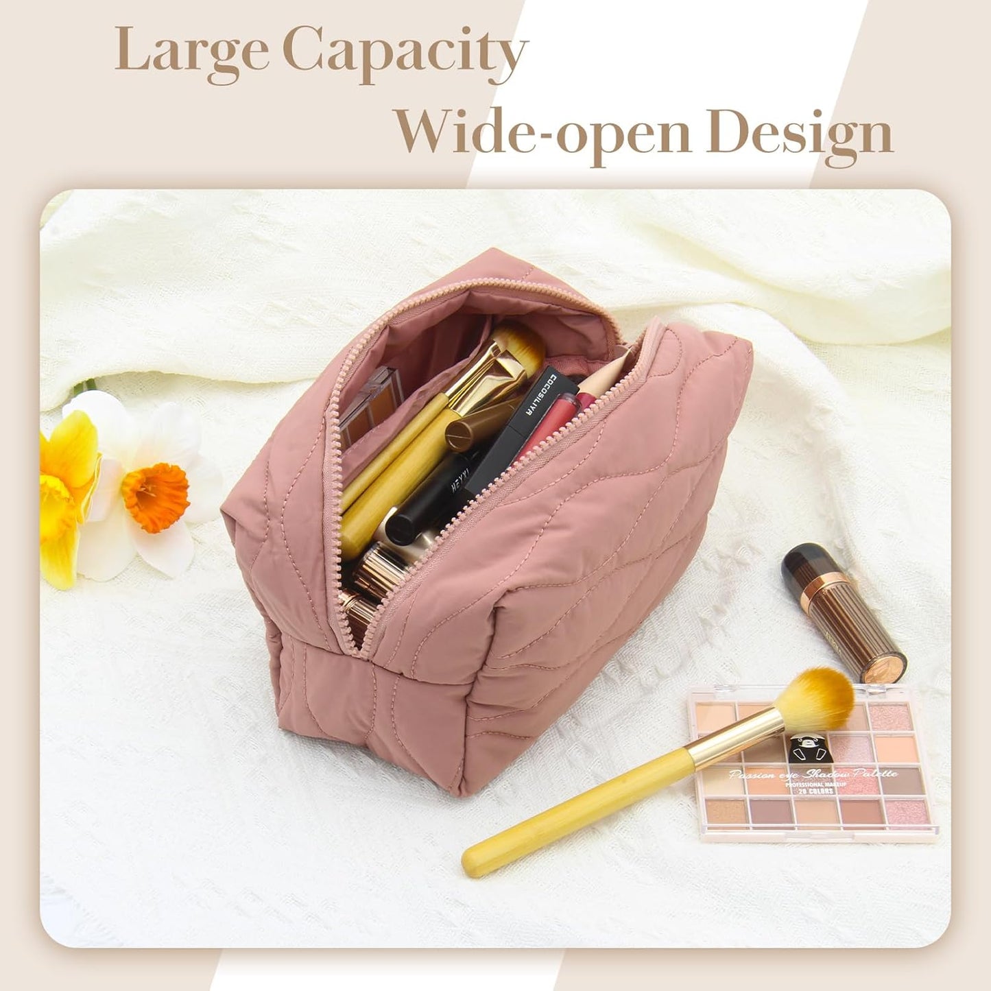 Make up Bag Travel Cosmetic Bag for Women Girls Zipper Puffy Padded Makeup Organizer Waterproof Portable Pouch Purse Lightweight Toiletry Accessories Storage Dark Pink