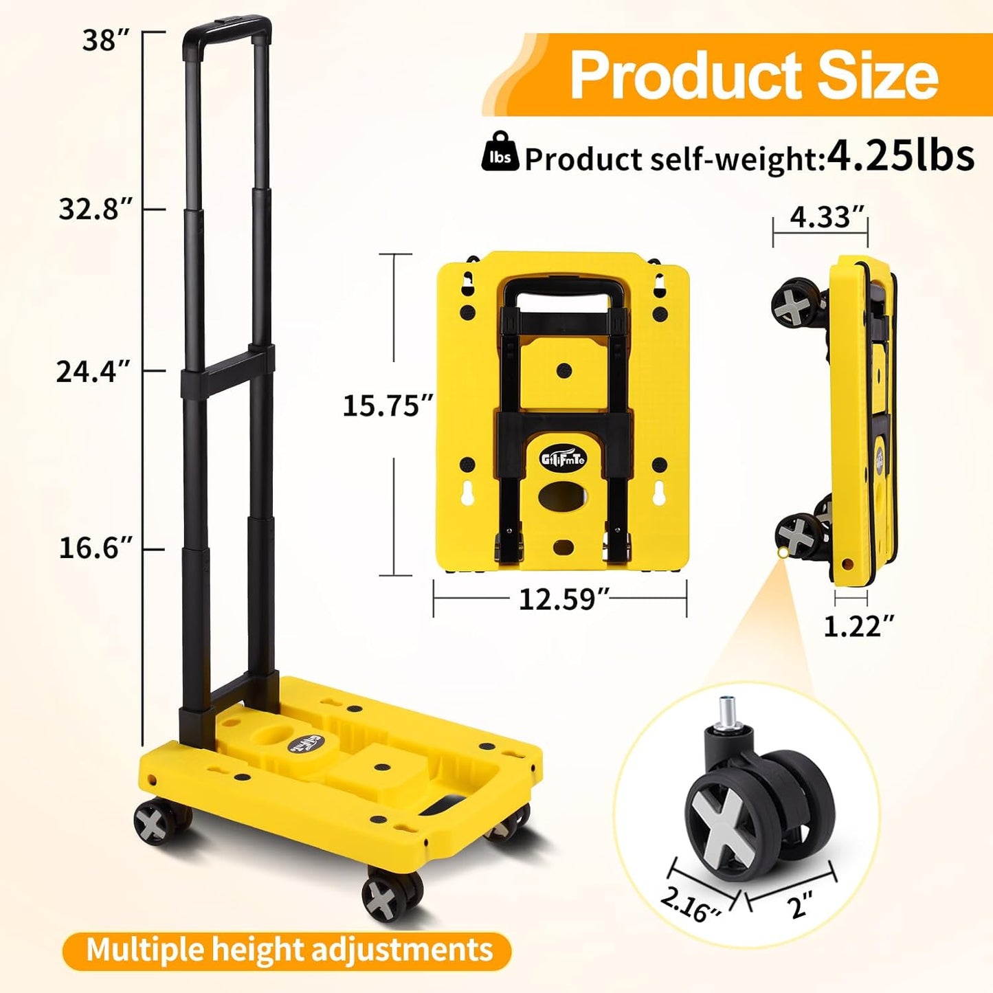 Folding Hand Truck Lightweight Hand Truck Dolly Foldable,Luggage cart with 4 Rotate Wheels, Utility Cart with Adjustable Handle,Collapsible Dolly for Moving -Yellow