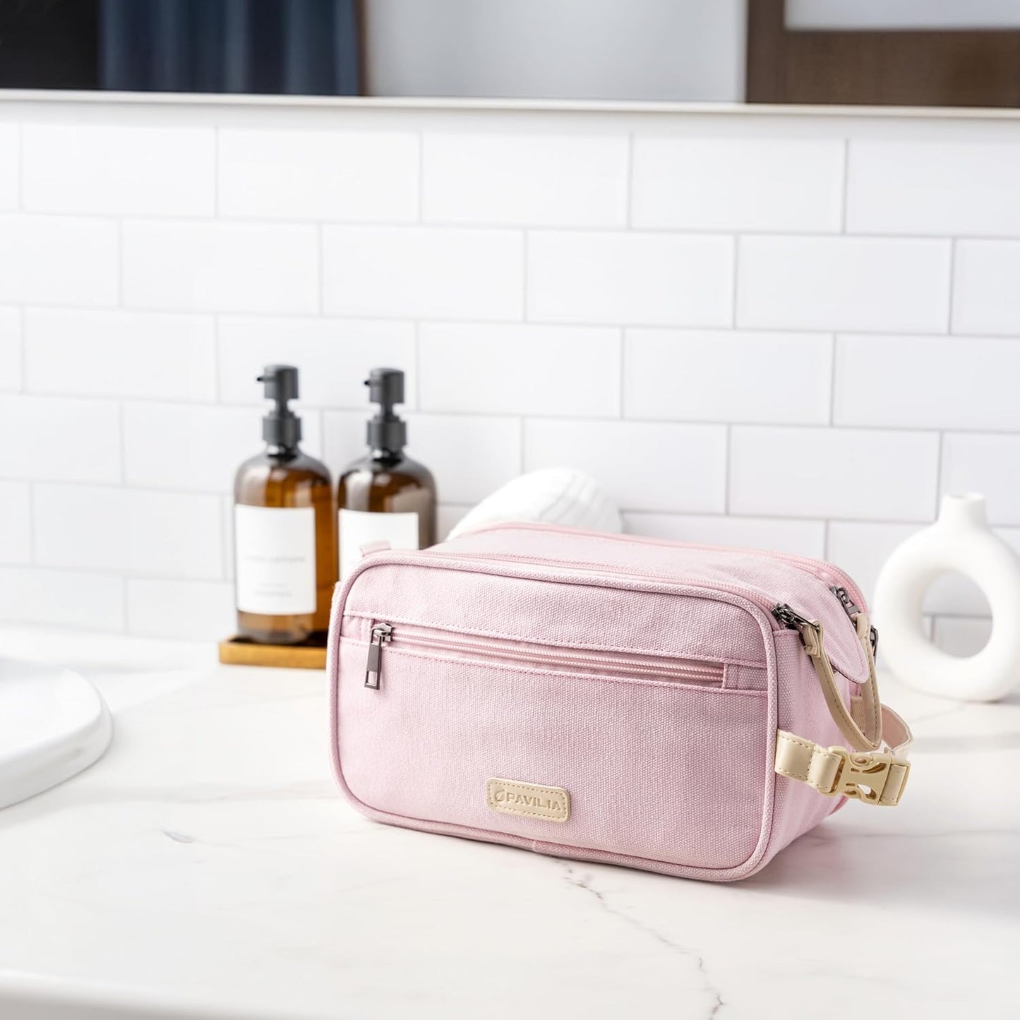 PAVILIA Toiletry Bag for Women, Canvas Travel Dopp Kit, Water Resistant Hygiene Bag Toiletries Organizer, Shaving Kit Travel Accessories Bag, Pink