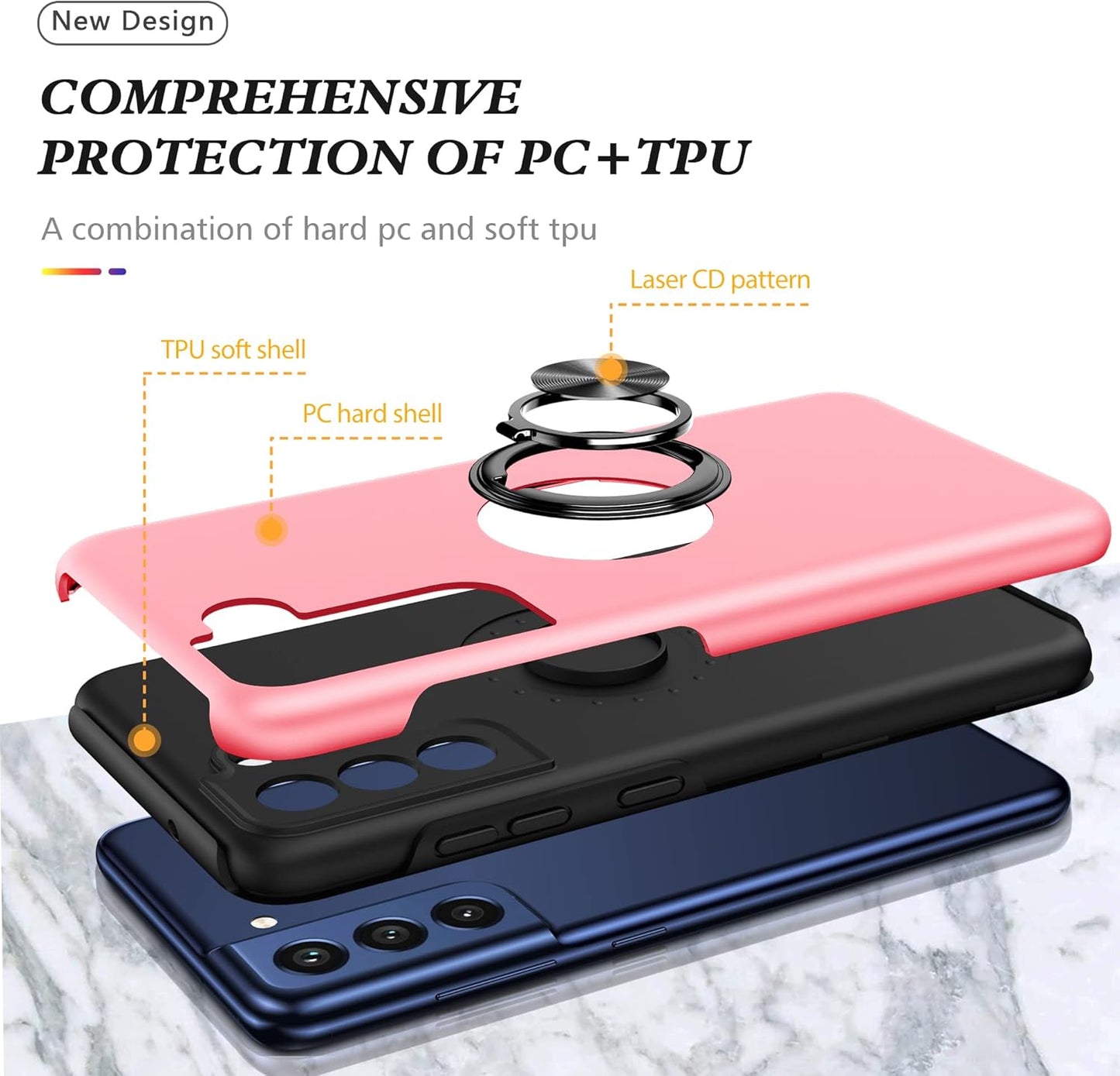 for Galaxy S21 FE 5G Case with Nano Explosion-Proof Film - 2 Pack Military Grade Double Shockproof Invisible Kickstand Case - Samsung S21 FE (Pink)