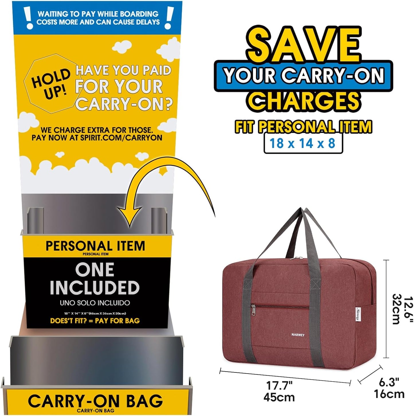 For Spirit Airlines Personal Item Bag 18x14x8 Foldable Travel Duffel Bag Tote Carry on Luggage Duffle Overnight for Women and Men