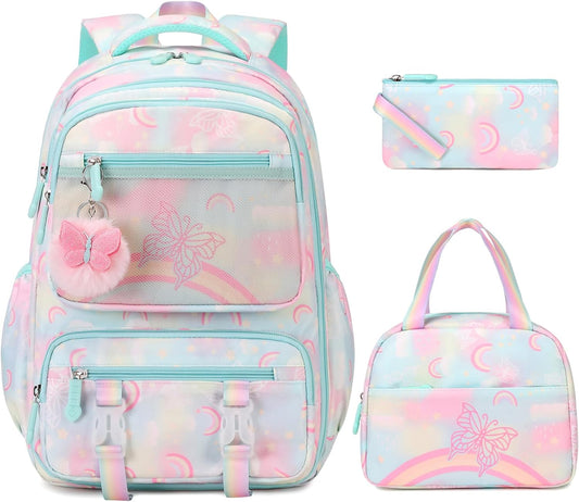 Rainbow Butterfly Backpack Set with Lunch Bag & Pencil Case, Kids' Kindergarten to Middle School Book Bag, Green