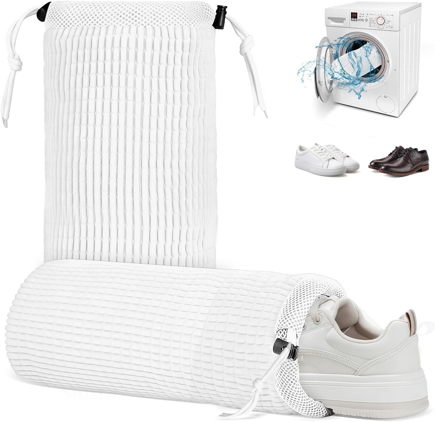 2Pcs Shoe Washing Machine Bag, Reusable Shoe Laundry Bag, Sneaker Washing Machine Bags, Shoe Cleaning Wash Bag with 360° Cleaning Fibers & Adjustable Drawstring, Fits Most Shoes Washer (White)