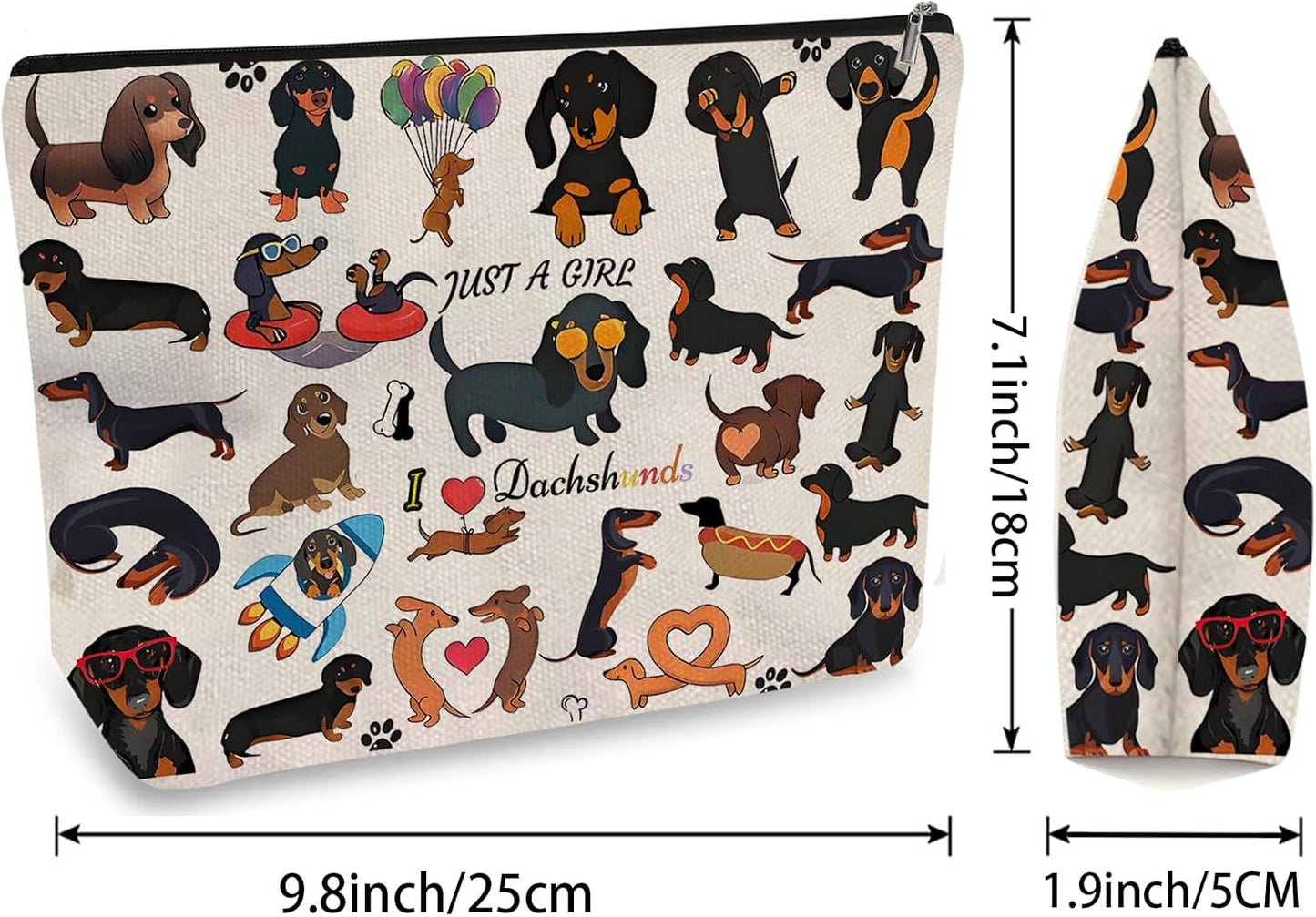 DOOX Dachshund Makeup Bags with Lining, Funny Cosmetic Bags Pencil Pouch - Double-Sided Print - Cute Birthday & Christmas Dachshund Gifts for Daughter, Sister, Women