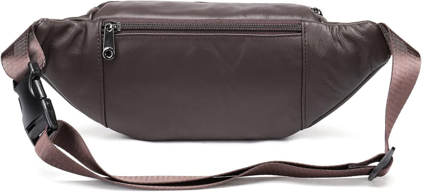Genuine Leather Fanny Pack HandMade Durable cowhide Waist Bag Lots of Anti-theft zipper pocket Coffee