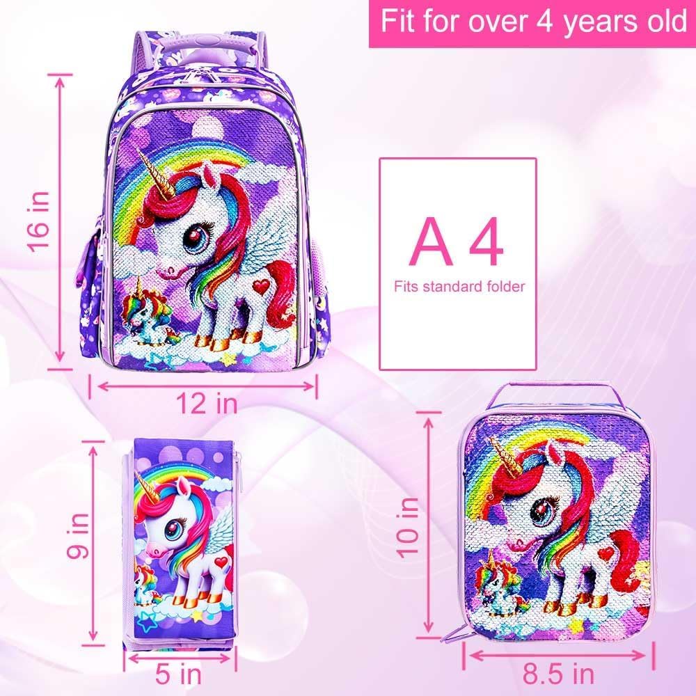 KLFVB 3PCS Cat Uni Dinosaur Backpack for Girls and Boys, 16" Kids Bookbag and Lunch Box, Preschool Backpacks for Elementary
