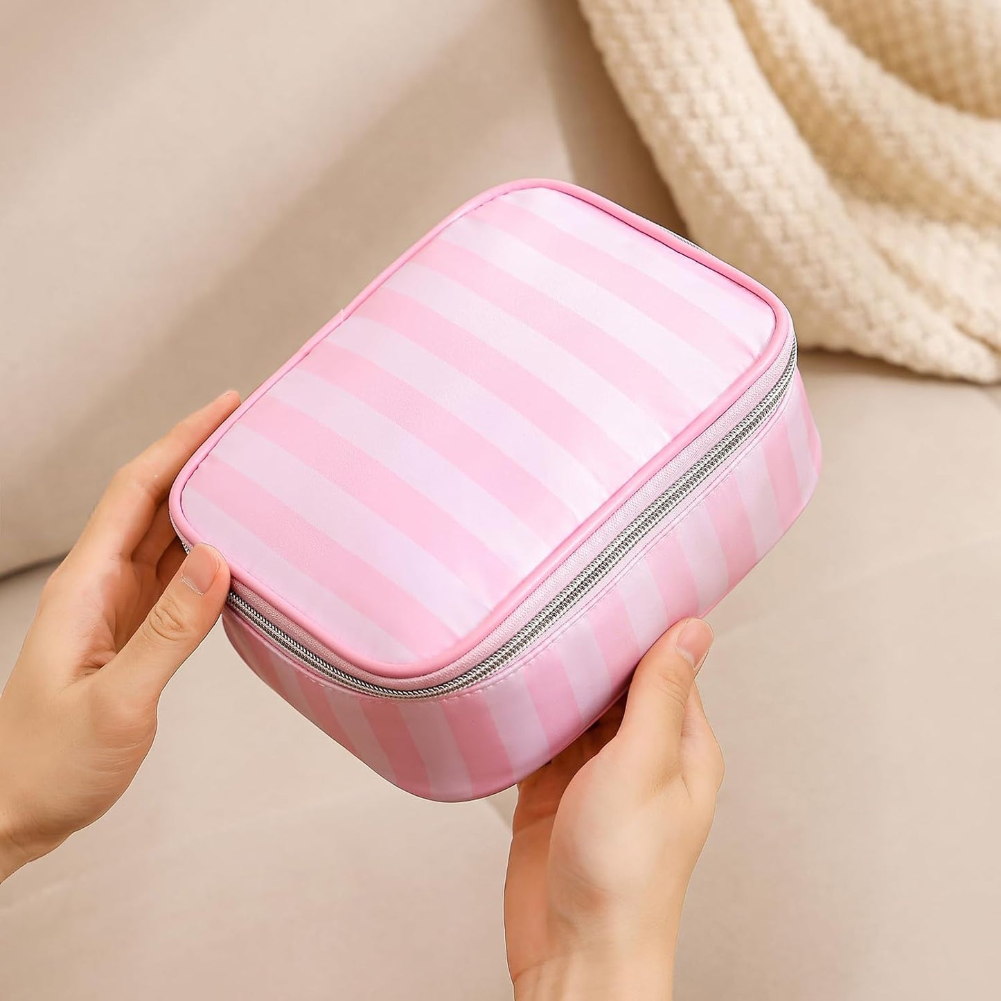 uekeboag Pink Stripe Nylon Travel Makeup Organizer Bag,Top Open Large Capacity Cosmetic Bags,Toiletries Accessories Coquette Bag for Women Girls(04Simple Top Open)