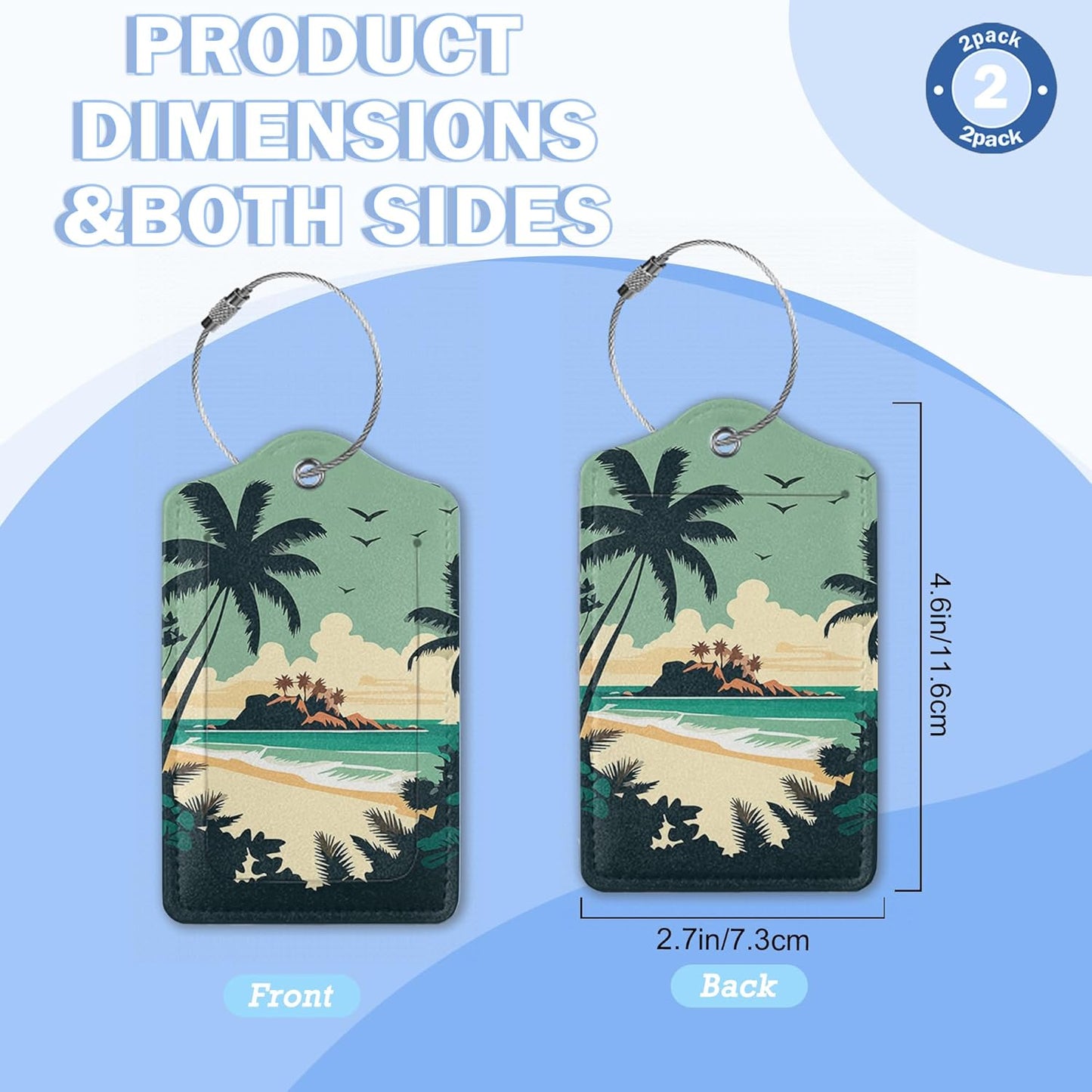2 Pack Luggage Tags,Leather Suitcase Tags with Privacy Cover Name Address Labels& Durable Steel Loop for Men/Women Travel Bag Suitcases(Beach Palms)