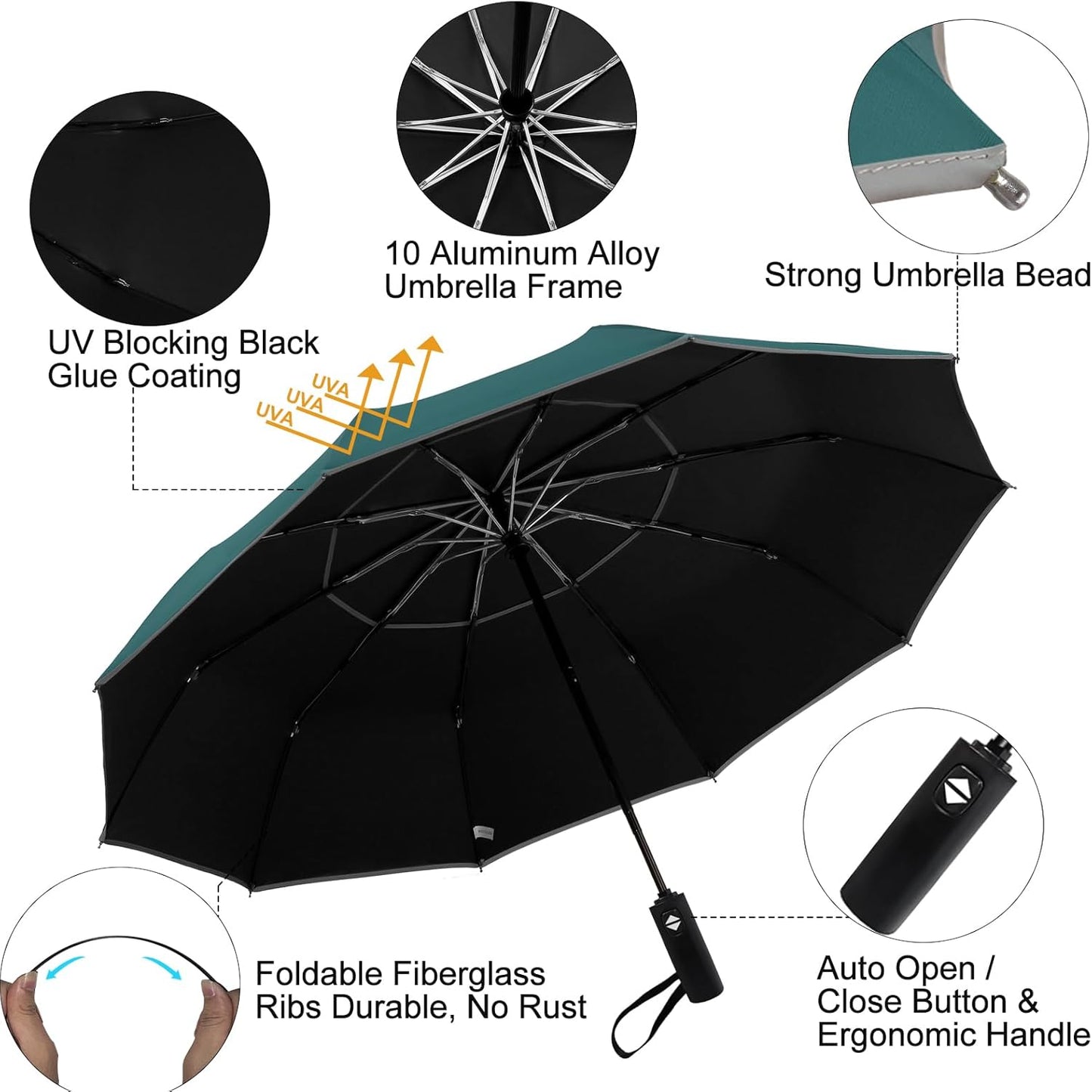Satol Extra Large Golf Umbrella, 46/54/62 Inch Windproof 10 Ribs Vented Double Canopy Reflective Strips Automatic Open/Close Waterproof UV Protection Portable Compact Umbrella for Outdoor & Travel