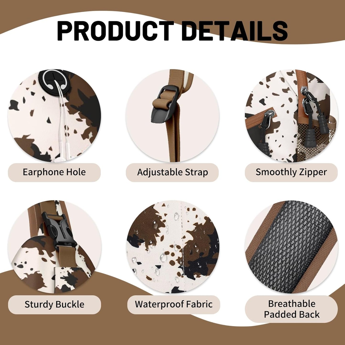 Brown Cow Print Sling Bag Crossbody Chest Bag for Women Men, Water Resistant Lightweight Casual Crossbody Bag with Adjustable Strap, Travel Hiking Daypack Shoulder Backpack
