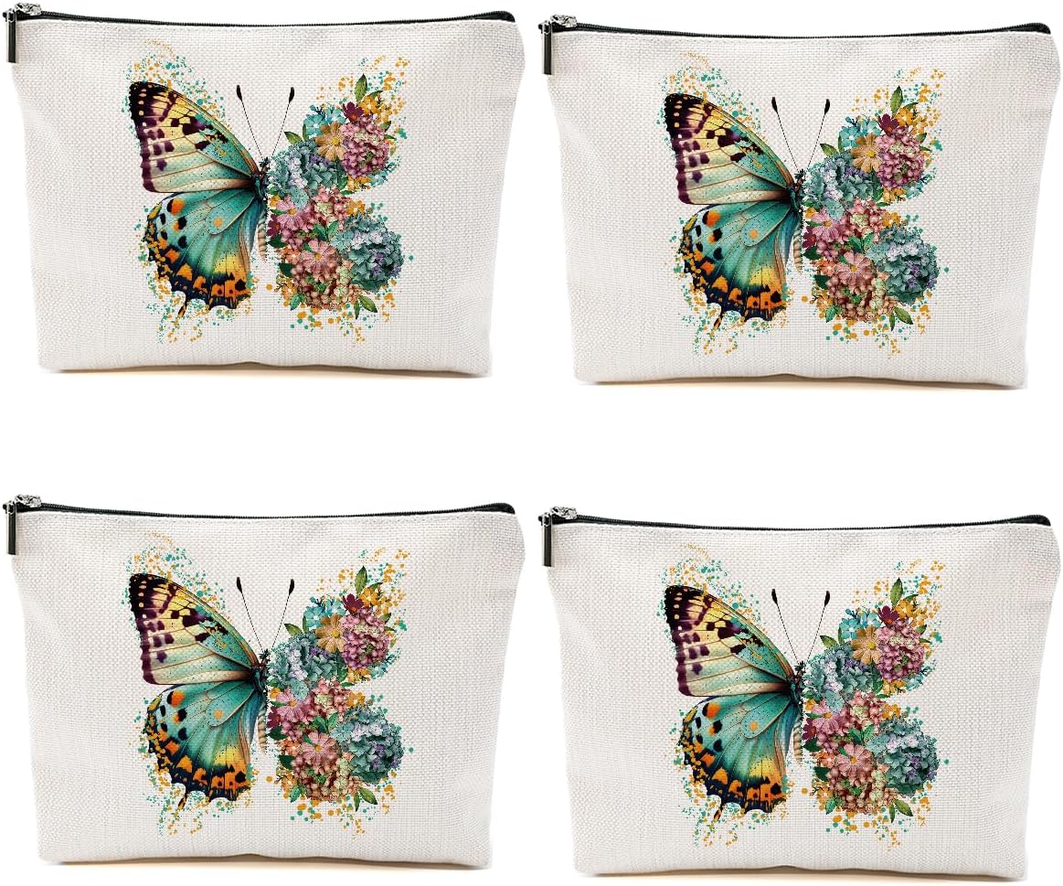 4PCS Aesthetic Butterfly Floral Makeup Bag Flowers Butterfly Gifts Cosmetic Bags for Women Girls, Aesthetic Zipper Pouch Travel Toiletry Bag Friend Gifts for Sisters Bestie Girlfriend