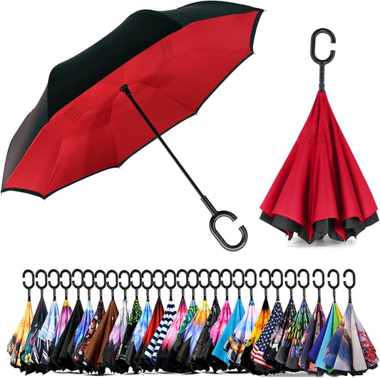 SIEPASA 49/56 Inch Inverted Reverse Upside Down Umbrella, Extra Large Double Canopy Vented Windproof Waterproof Stick Golf Umbrellas with C-shape Handle.