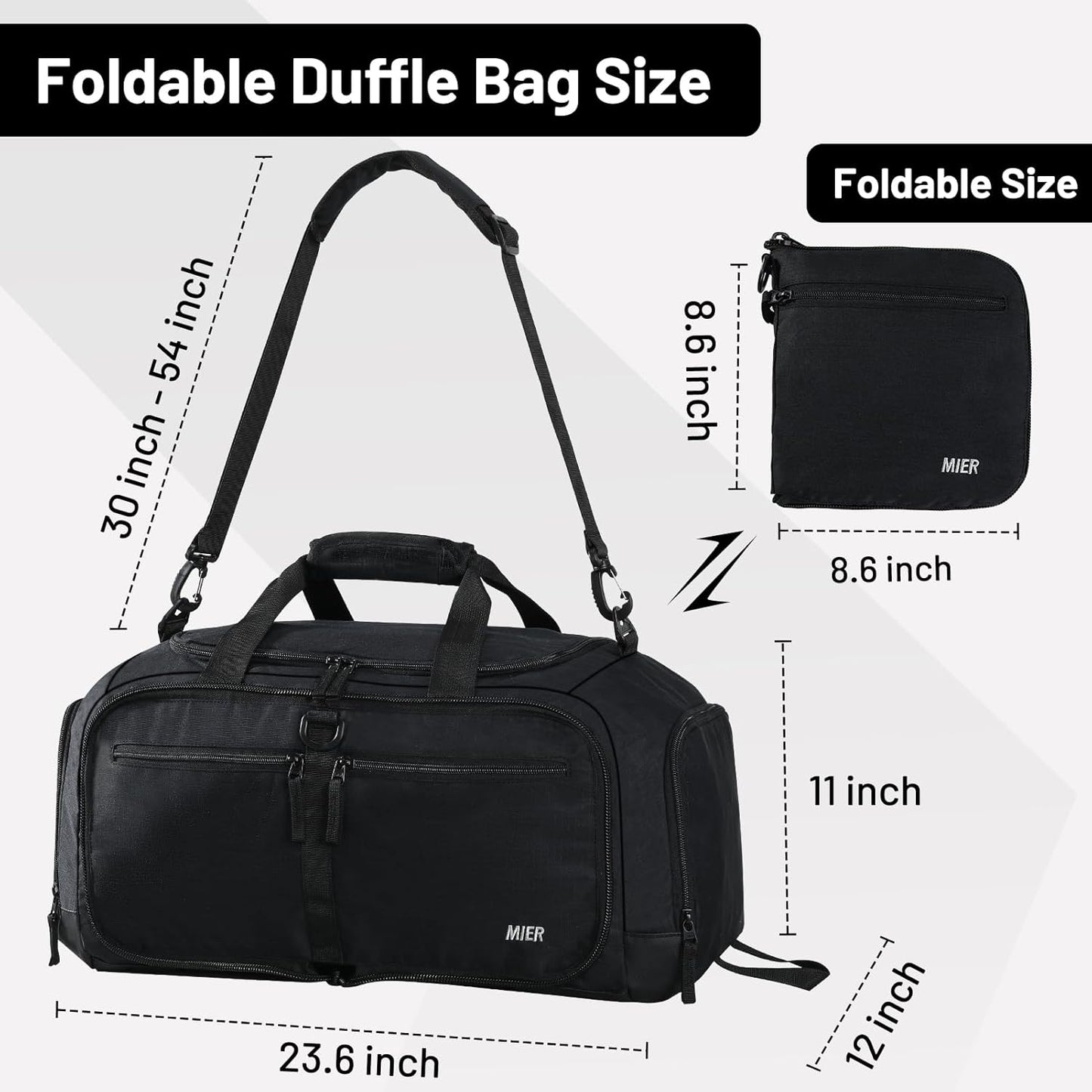 MIER Foldable Duffle Bag with Shoe Compartment 50L Travel Duffel Bags for Men Women Packable Overnight Bag for Camping Gym Weekender, Black
