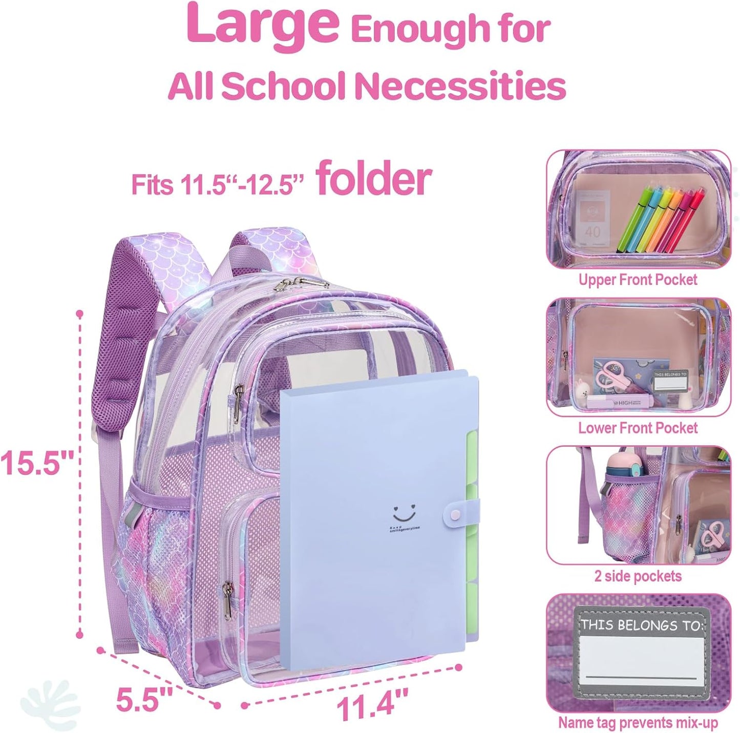 Bagseri 3pcs Clear Backpack for Girls - 15 Inch Backpack and Clear Lunch Bag and Pencil Case Set, Heavy Duty Transparent Bookbag for School, See Through Bag for Kids Aged 3 to 8, Purple Mermaid