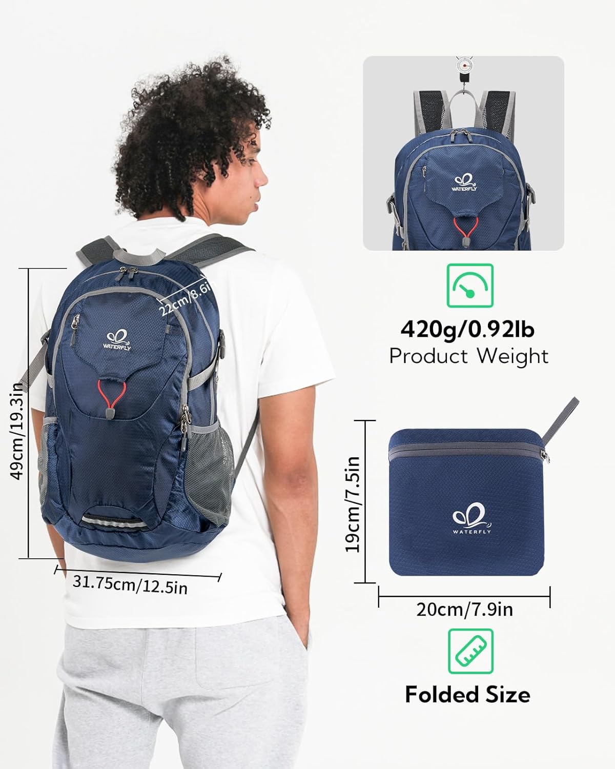 WATERFLY Lightweight Packable Hiking Backpack: 30L Foldable Travel Daypack Ultralight Camping Day Pack for Woman Man Dark Blue