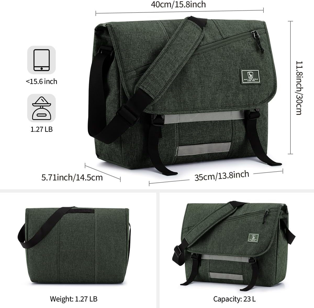 OIWAS Messenger Bag for Men, 15.6 Inch Laptop Crossbody Bags Women Casual Satchel Shoulder Bag College Travel Office Briefcase (15.6 Inch, Dark Green)