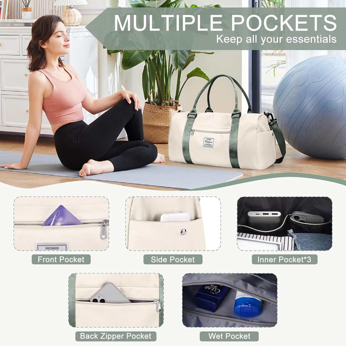 Gym Bag for Women with Shoes Compartment,Small Duffel Bag Sport bag with Toiletry Bag Overnight Travel Tote Bags Weekender Carry on Bag Personal Item Bags for Airlines Beige Green