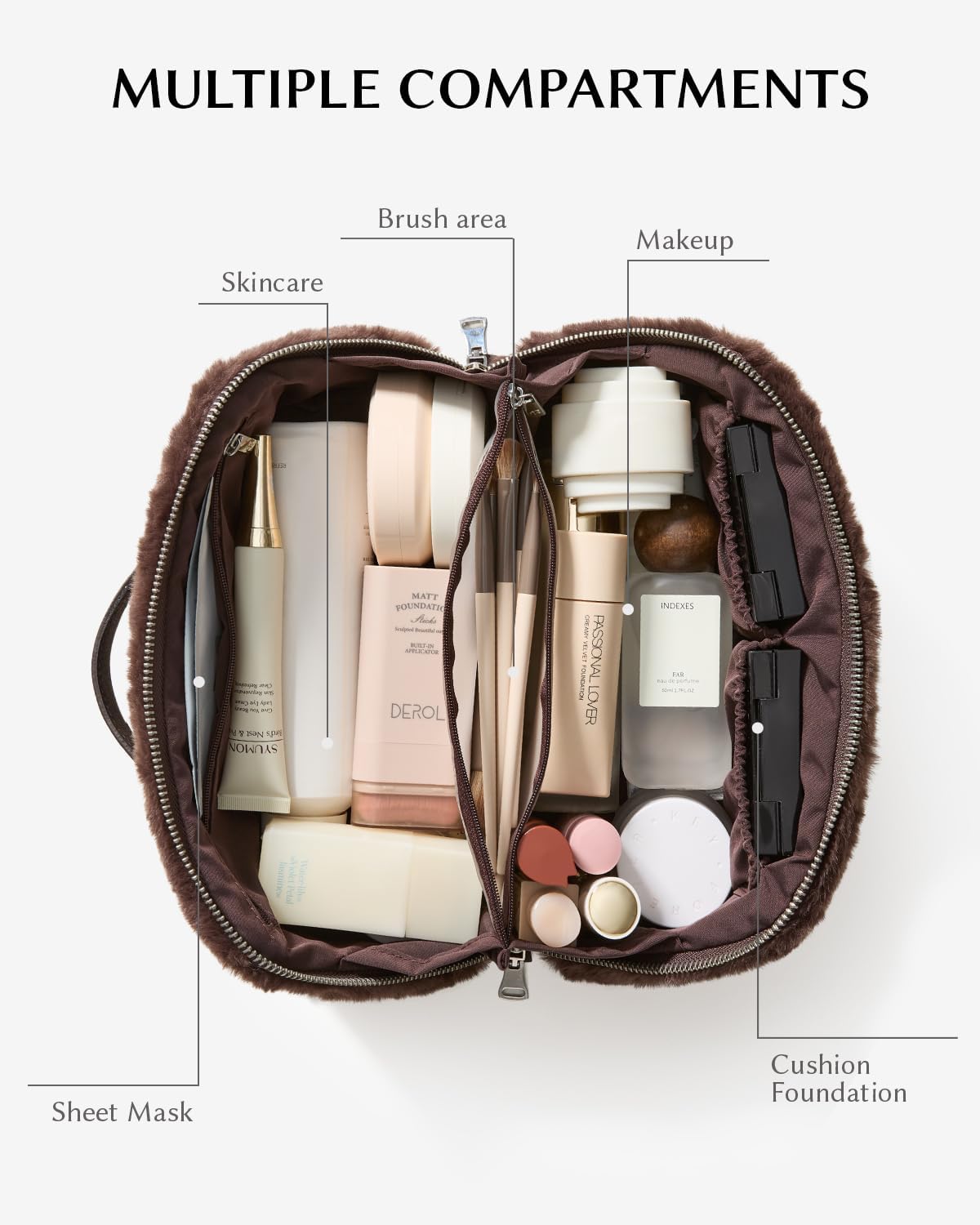 EACHY Travel Makeup Bag,Cute Faux Fur Cosmetic Bag for Women,Portable 180°Wide-Open Flat Toiletry Bag,Large Capacity Makeup Pouch Make up Organizer with Divider and Handle