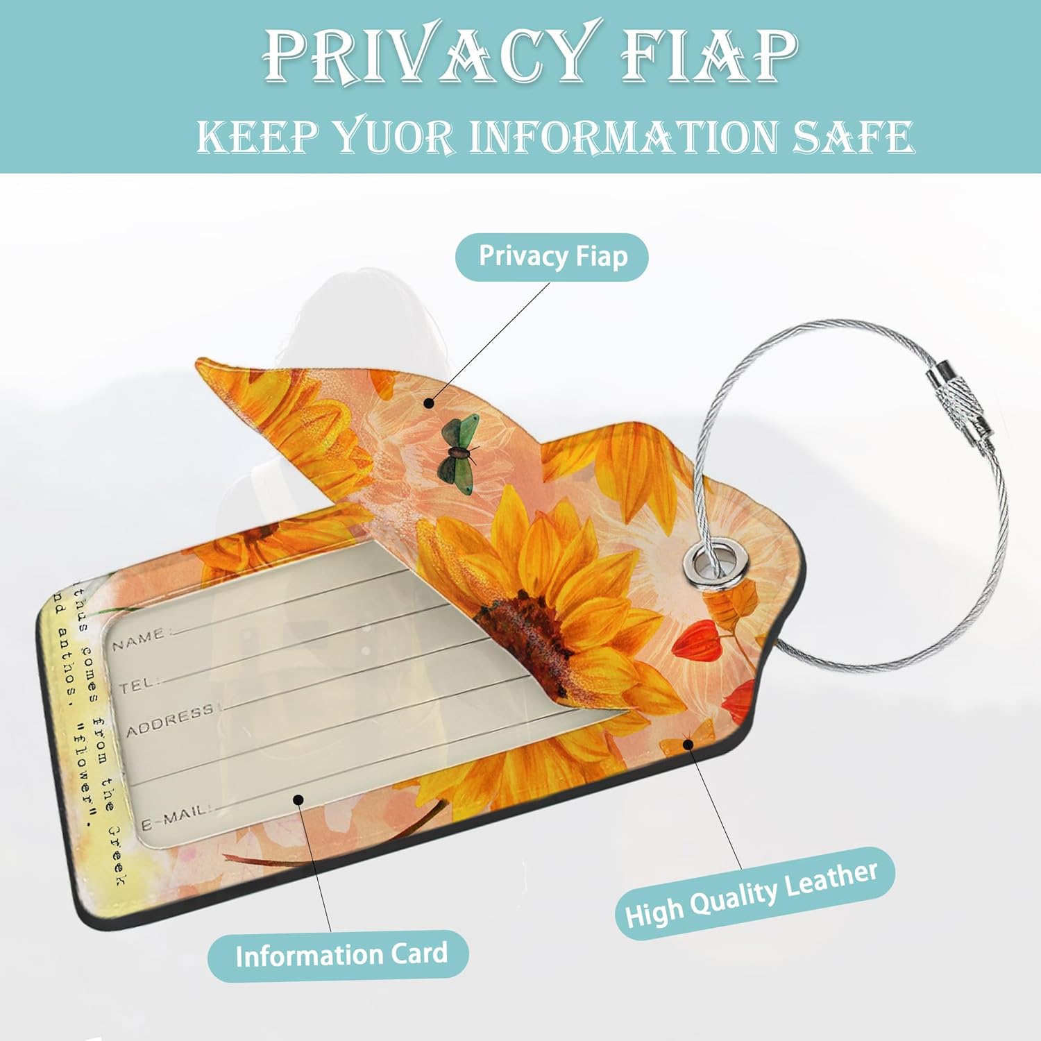 Sunflowers Luggage Tags Set of 2 Butterfly Retro Leather Suitcase Tags with Stainless Steel Loop