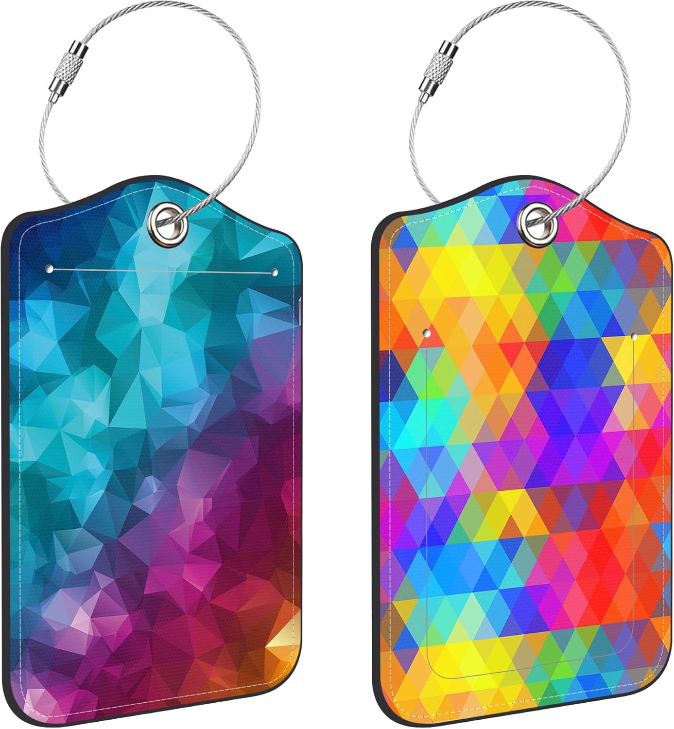 Polygonal and Rainbow Color Rhombus Luggage Tags for Suitcases Leather Travel Tags for Luggage ID Label with Privacy Cover and Stainless Steel Loop for Men Women Suitcase Backpack, Set of 2