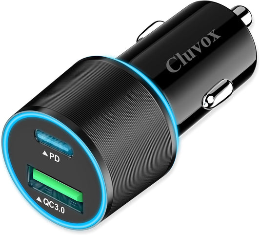 38W USB C Car Charger Adapter, 20W Fast USB-C & 18W Rapid QC3.0 Ports, 12V Cigarette Lighter Adapter for iPhone 17/16 /15, Google Pixel, Samsung, Android Phones Auto Accessories for Men - Black