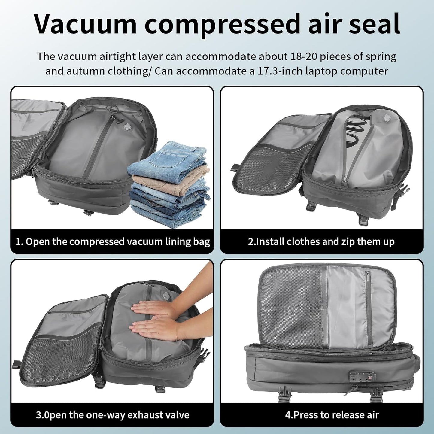 Vacpack Backpack, Air Backpack With Pump, 60L Expandable Backpack with Vacuum Compression, Anti Theft Vacpack Travel Vacuum Backpack (light gray)