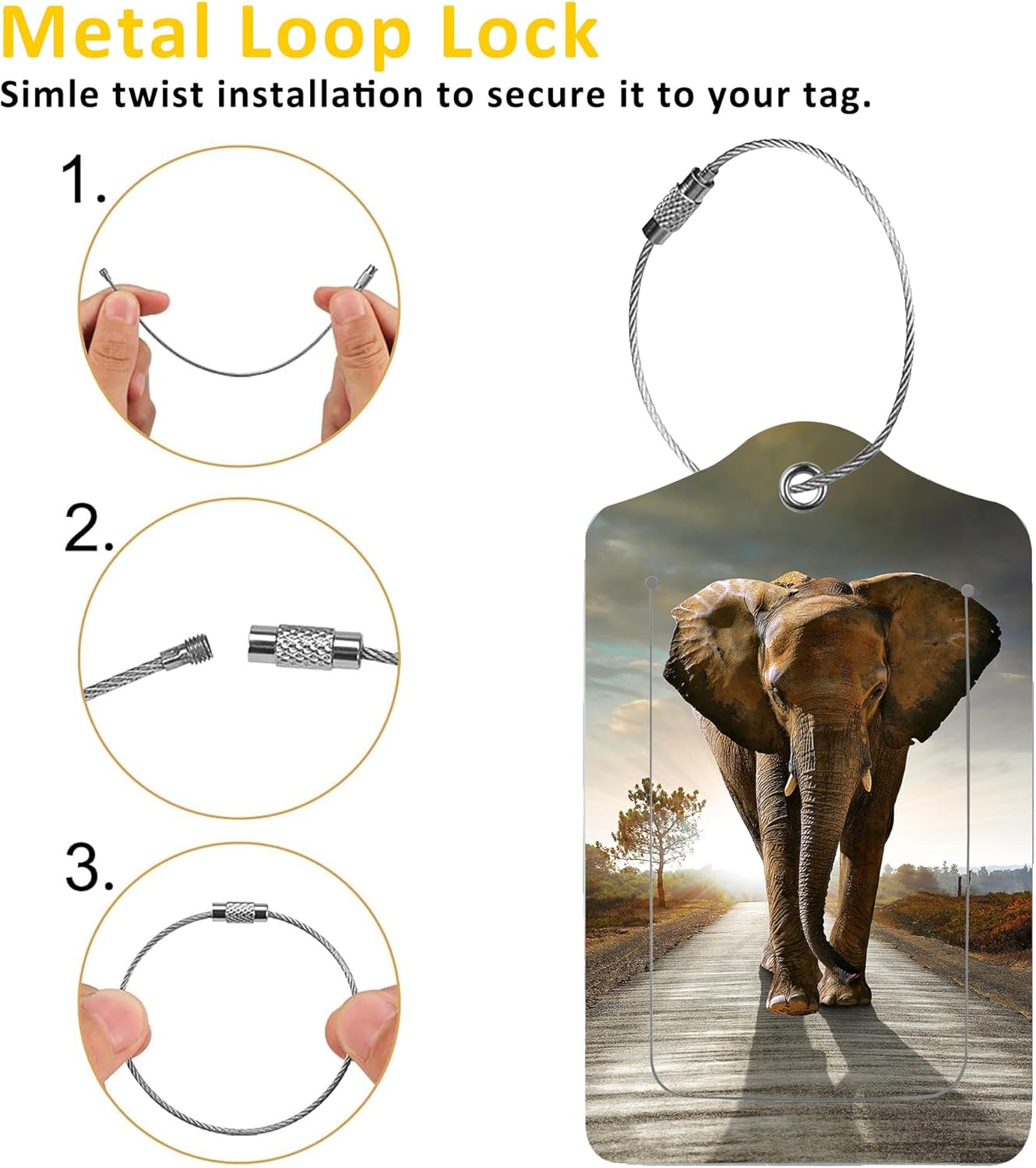 2 Pack Luggage Tags for Suitcases,Single Elephant Walking Luggage Tag,PU Leather Id Label Luggage Tags with Stainless Steel Loop and Privacy Cover for Women Men Teens Travel