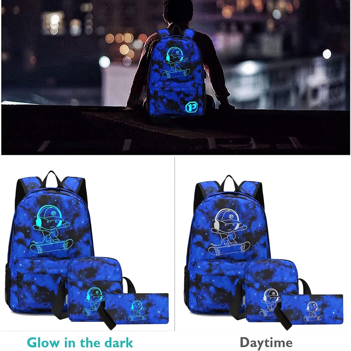 Lightweight Laptop Bag School Backpack for Boys, Skateboard Anime Luminous Elementary Kids Backpack Middle School Bags College Bookbag Travel Daypack for Teen Boys and Girls