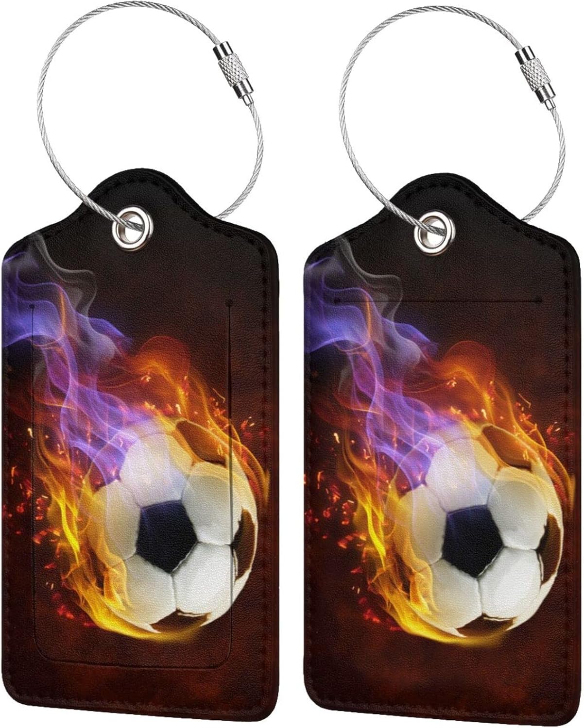 2 Pack Soccer Luggage Tag for Suitcases for Travel, Sports-Themed Backpack Bag Case Tags for Teen Boys Men Cool Flame PU Leather Baggage Tag with ID Label Privacy Flap Cover